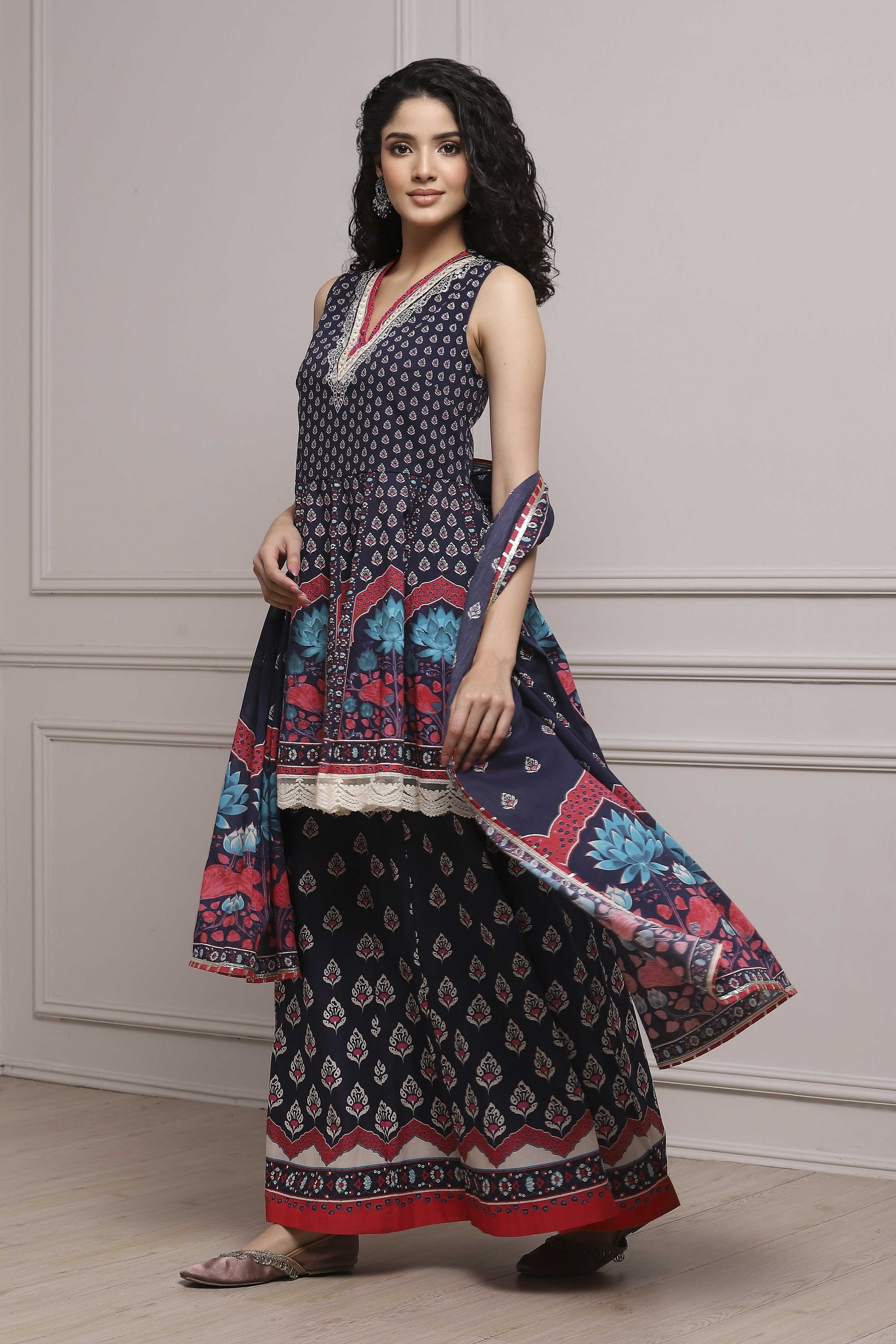 Off White/Blue Cotton Printed Sharara Suit Set image number 3