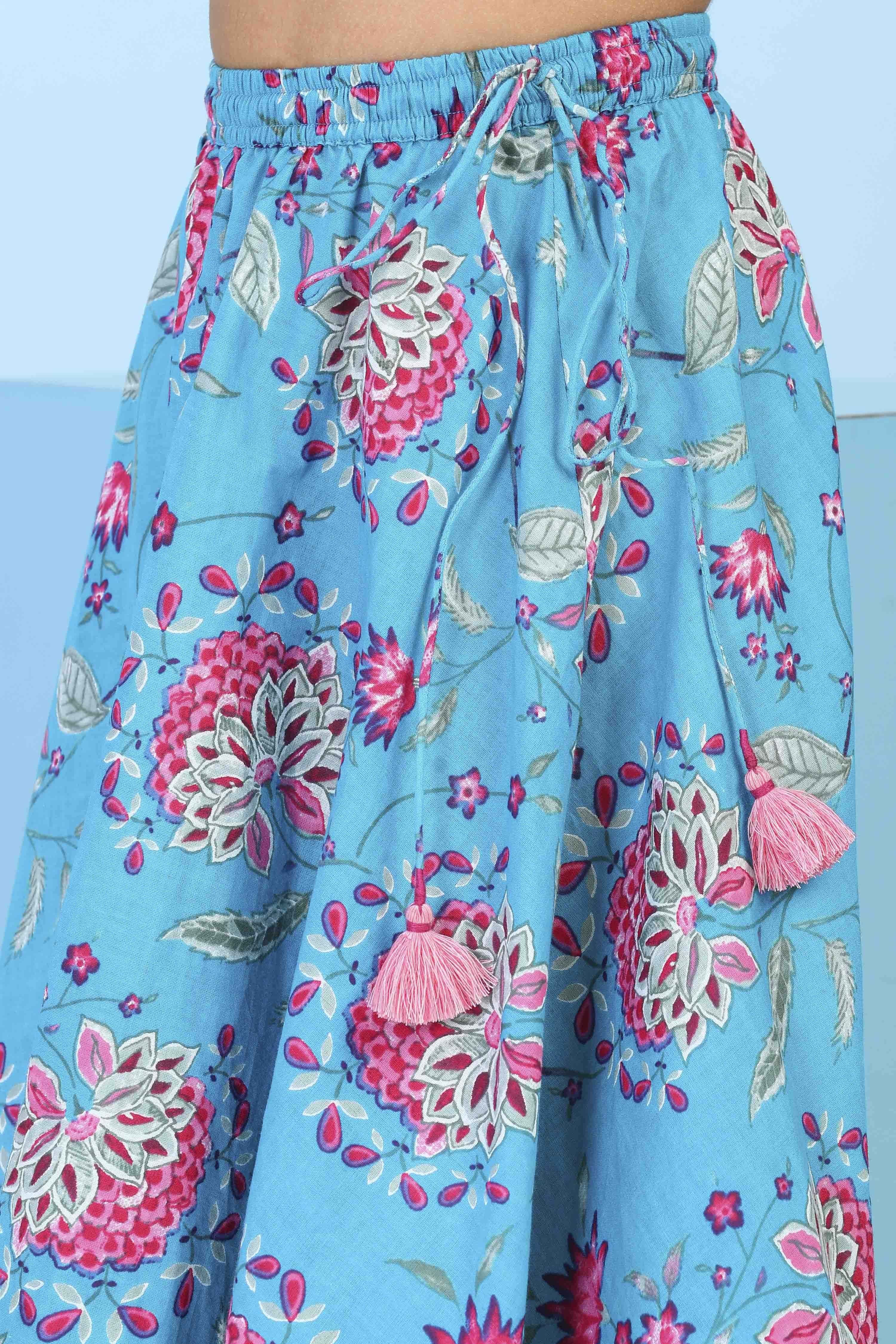 Turquoise Cotton Printed Straight Lehenga Set image number 2