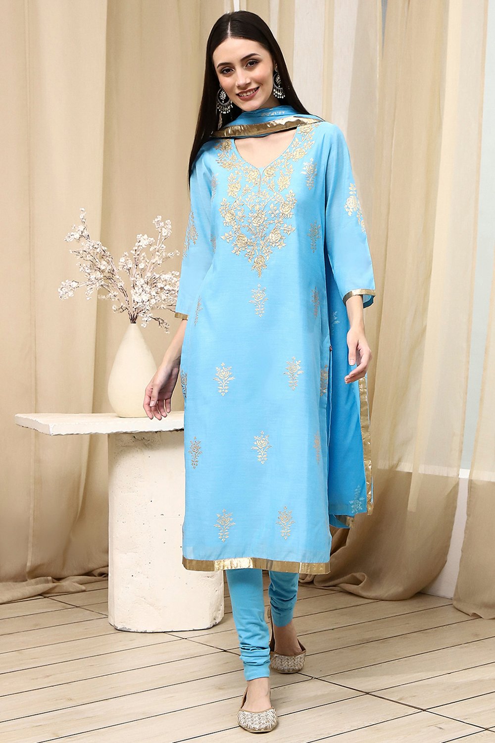 Mehendi Green Poly Chanderi Straight Suit Set image number 6