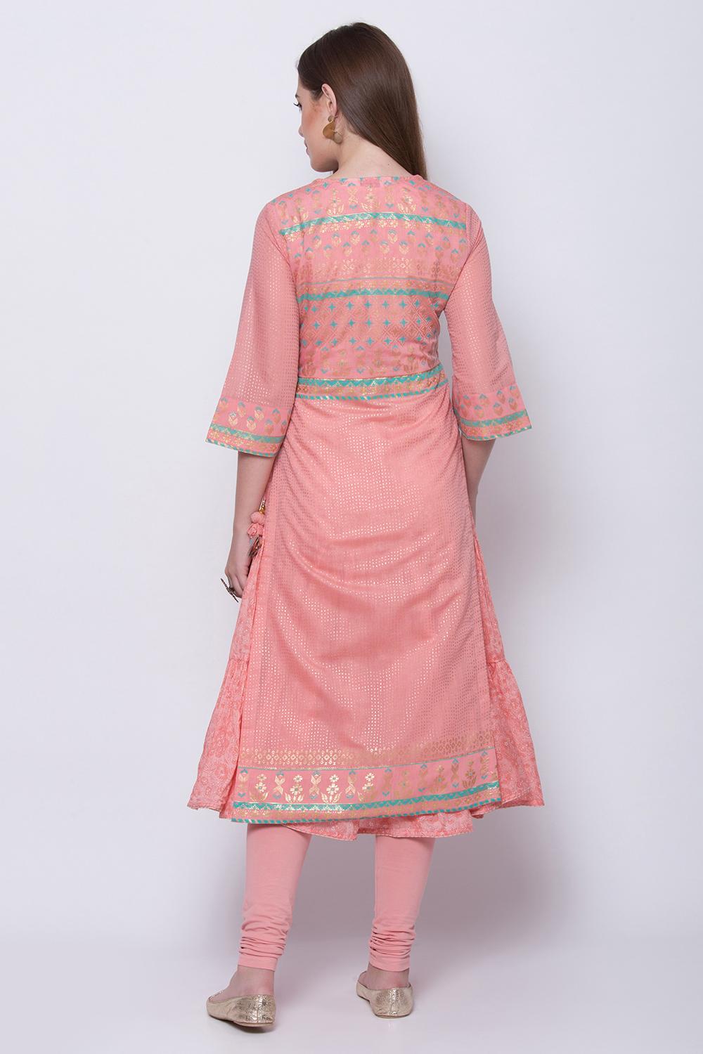 Peach Art Silk Flared Printed Kurta image number 5