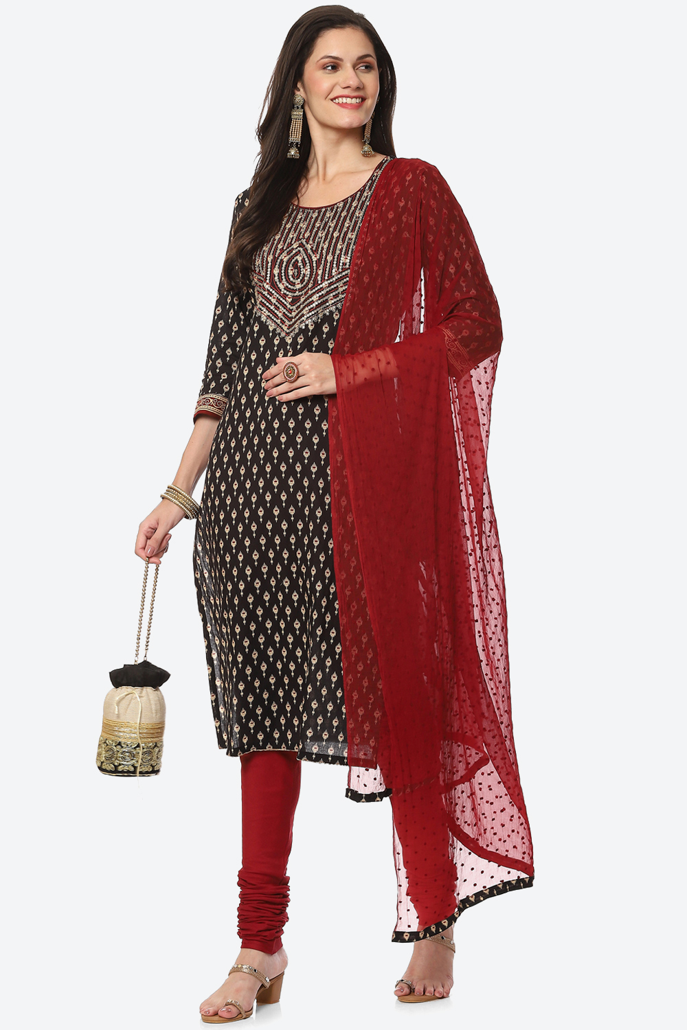 Black Cotton Unstitched Suit Set image number 7
