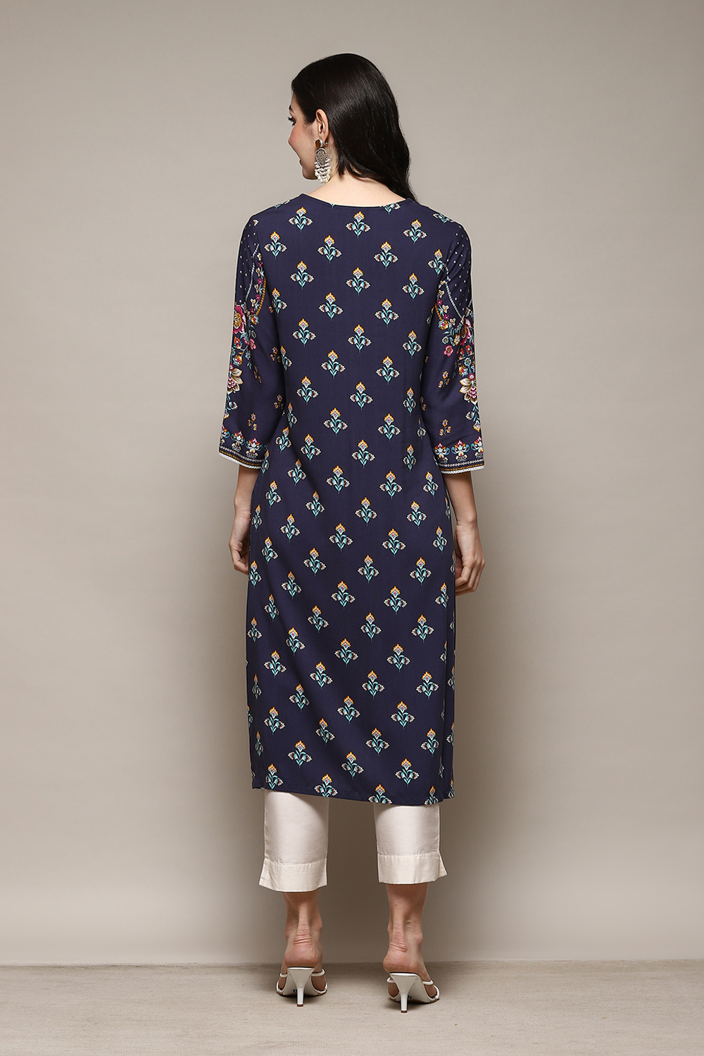 Navy LIVA Straight Printed Kurta image number 4