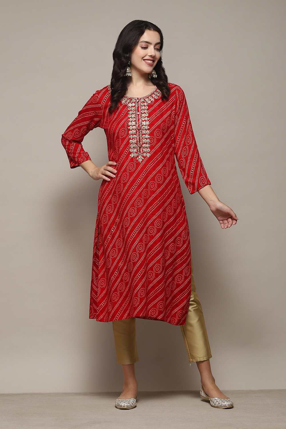 Red Rayon Straight Printed Kurta image number 0