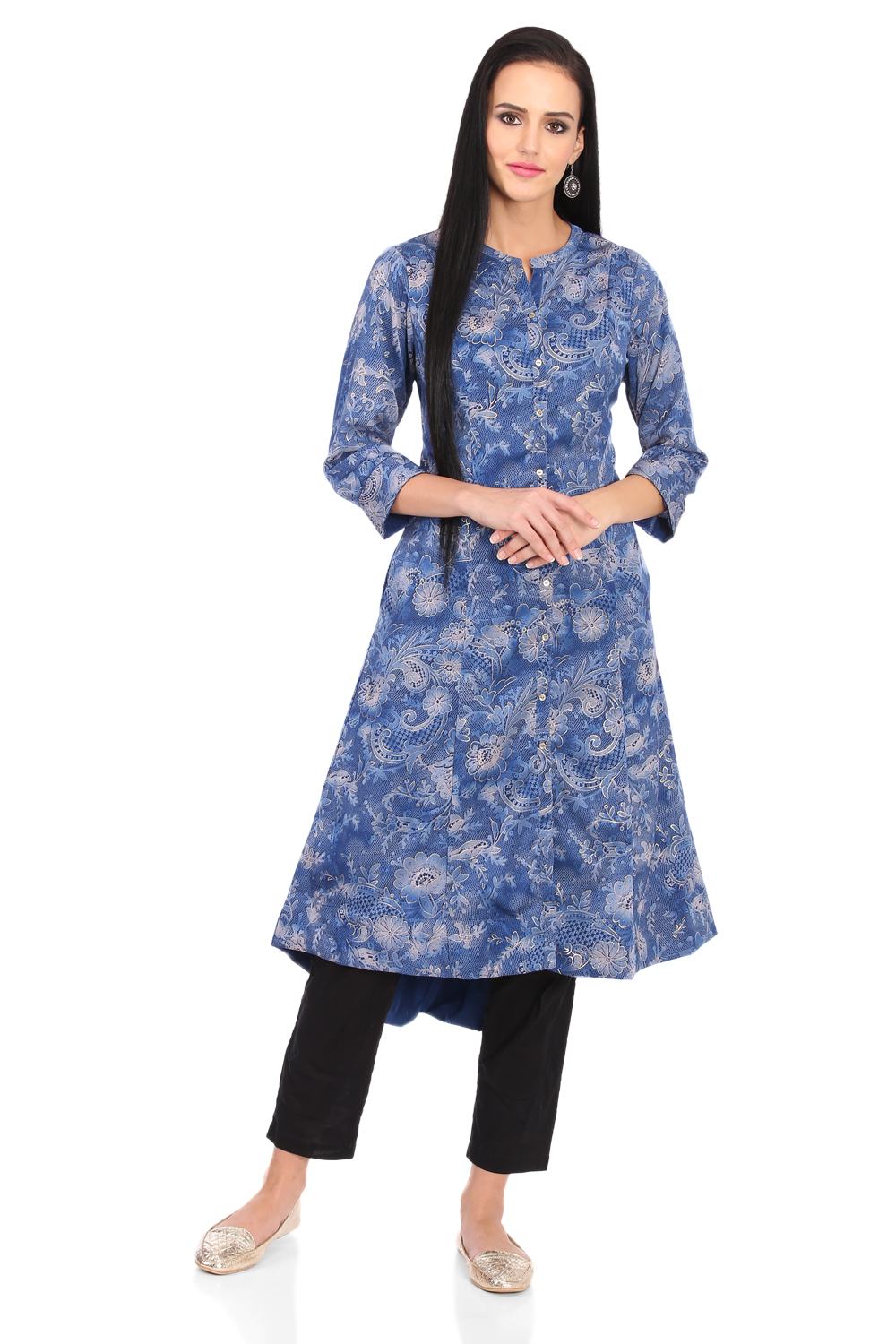 Blue A-Line Art Silk Printed Kurta image number 4