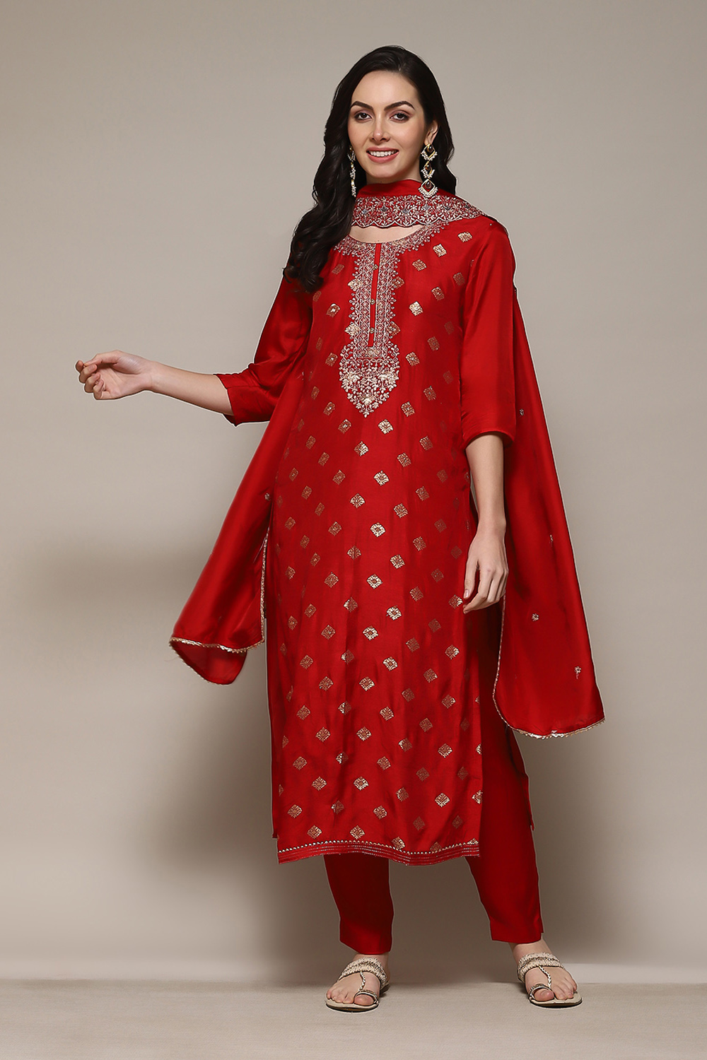 Red Banarasi Silk Machine Embroidered Unstitched Suit Set image number 1