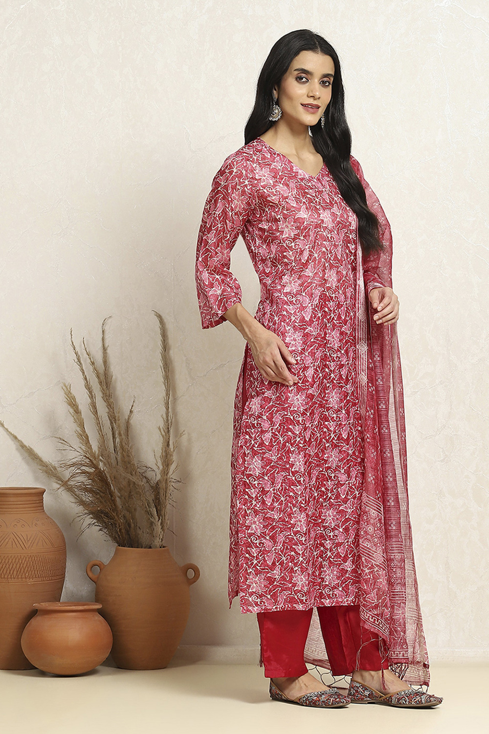 Pink Cotton Kota Floral Printed Unstitched Suit Set image number 6