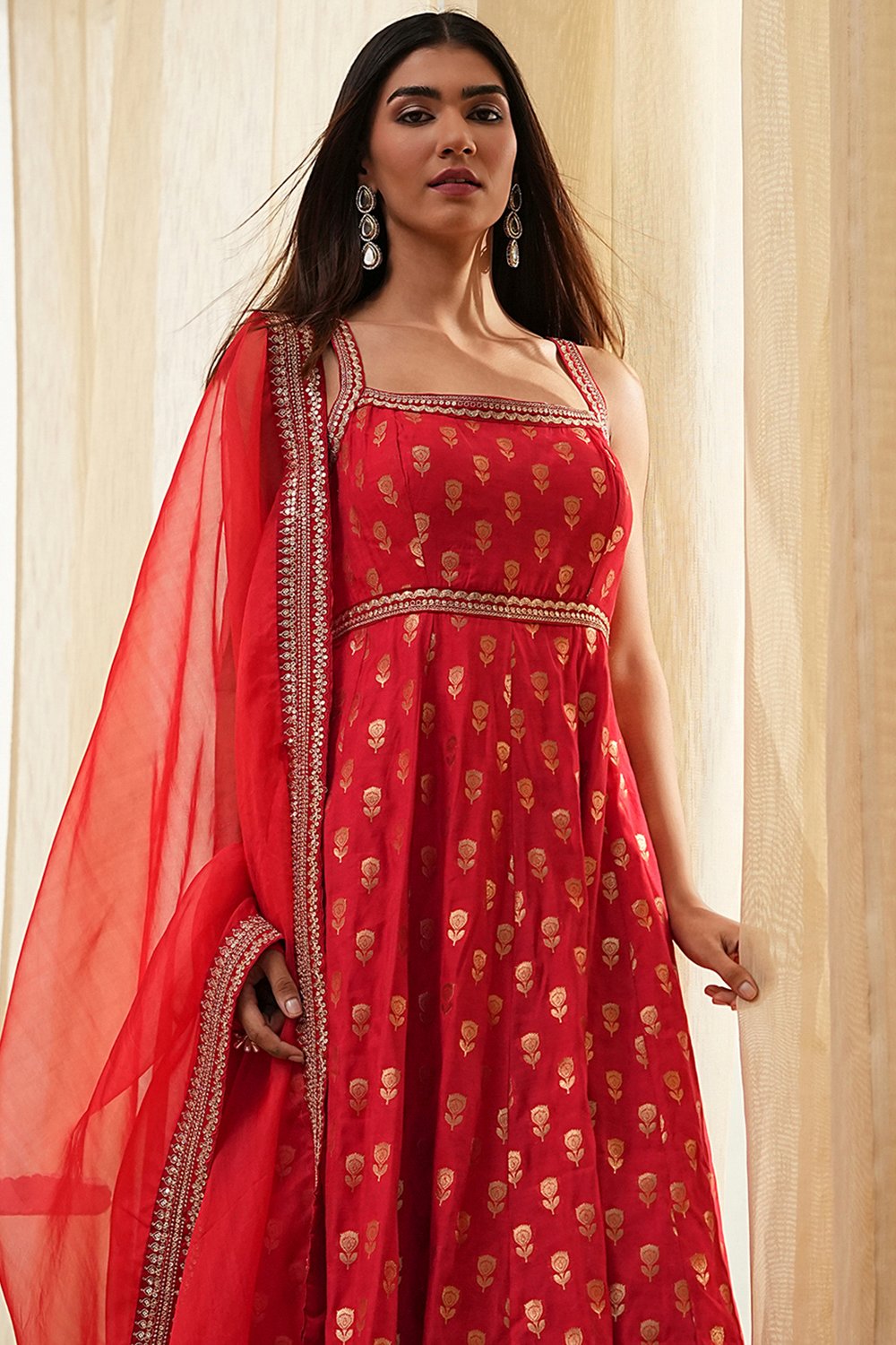 Red Yarn-Dyed Strappy Anarkali Suit Set image number 7