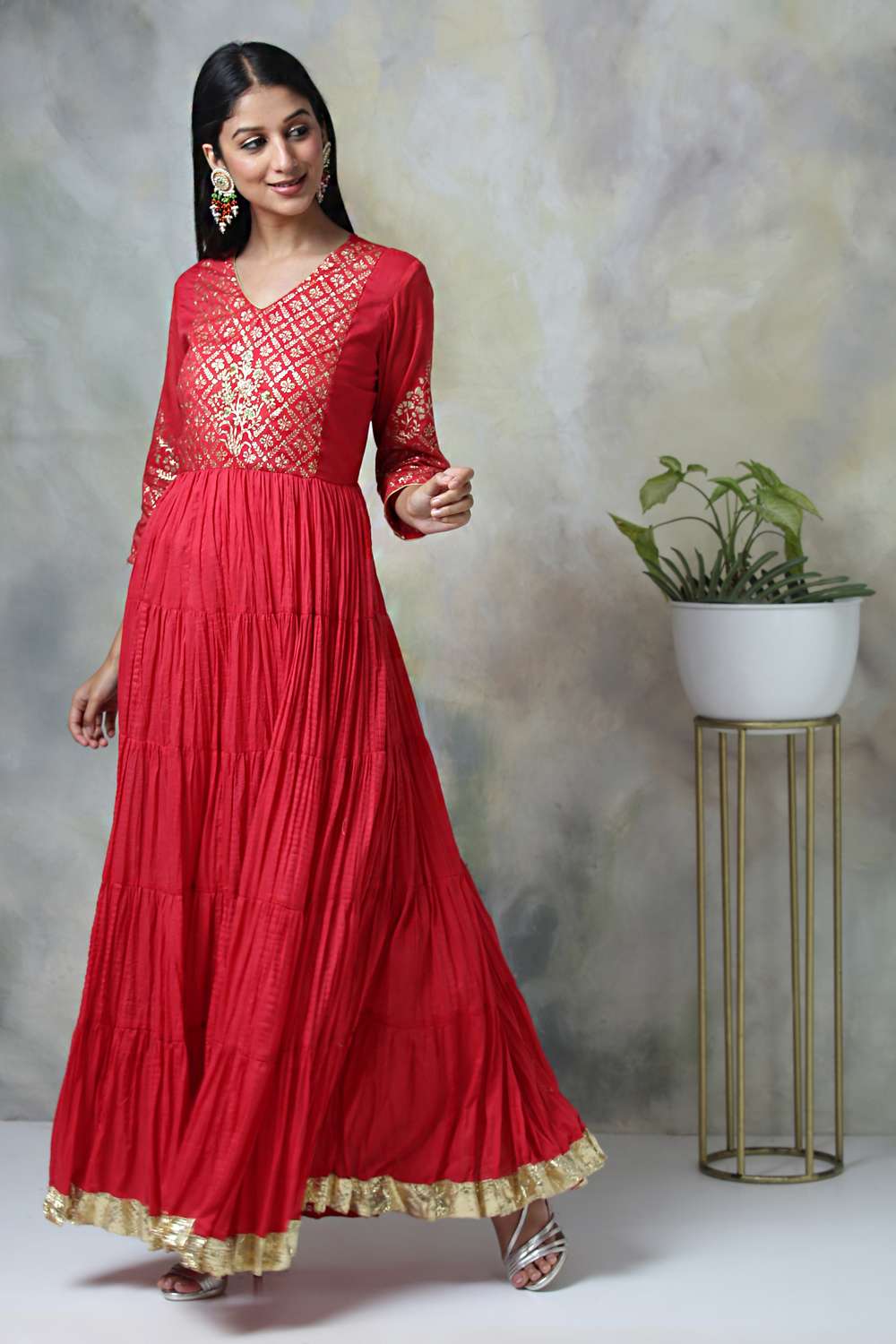 Red Cotton Fusion Wear Dress image number 0