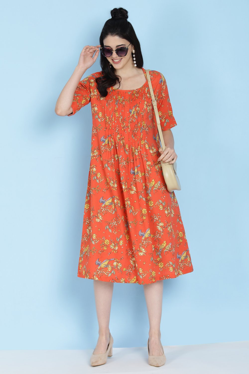 Coral Cotton Flax A-line Printed Kurta Dress image number 3