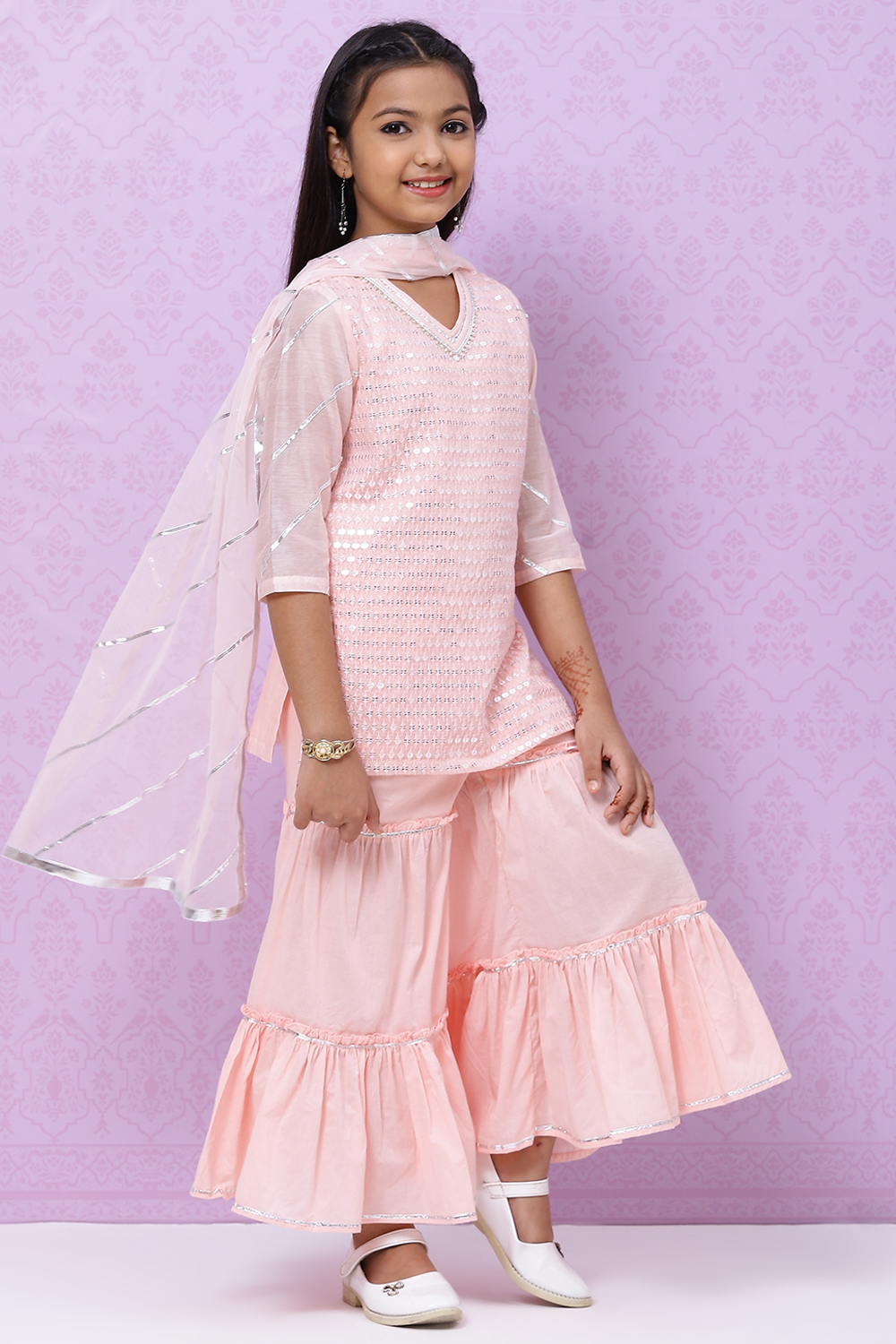 Pastel Pink Art Silk Girls Straight Kurta Sharara Suit Set image number 6