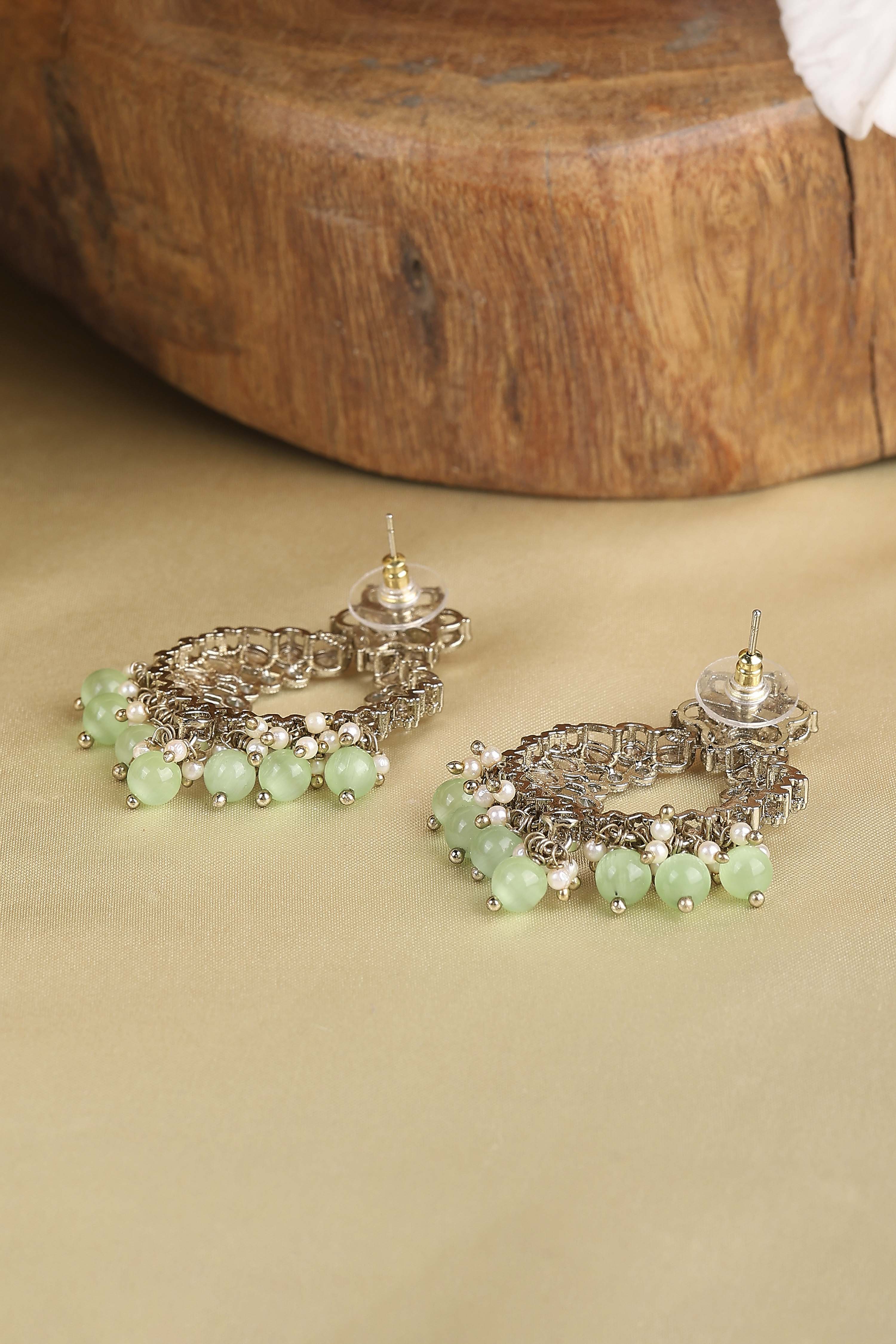 Mint Green Gold Plated Alloy Studded Chandbalis image number 2
