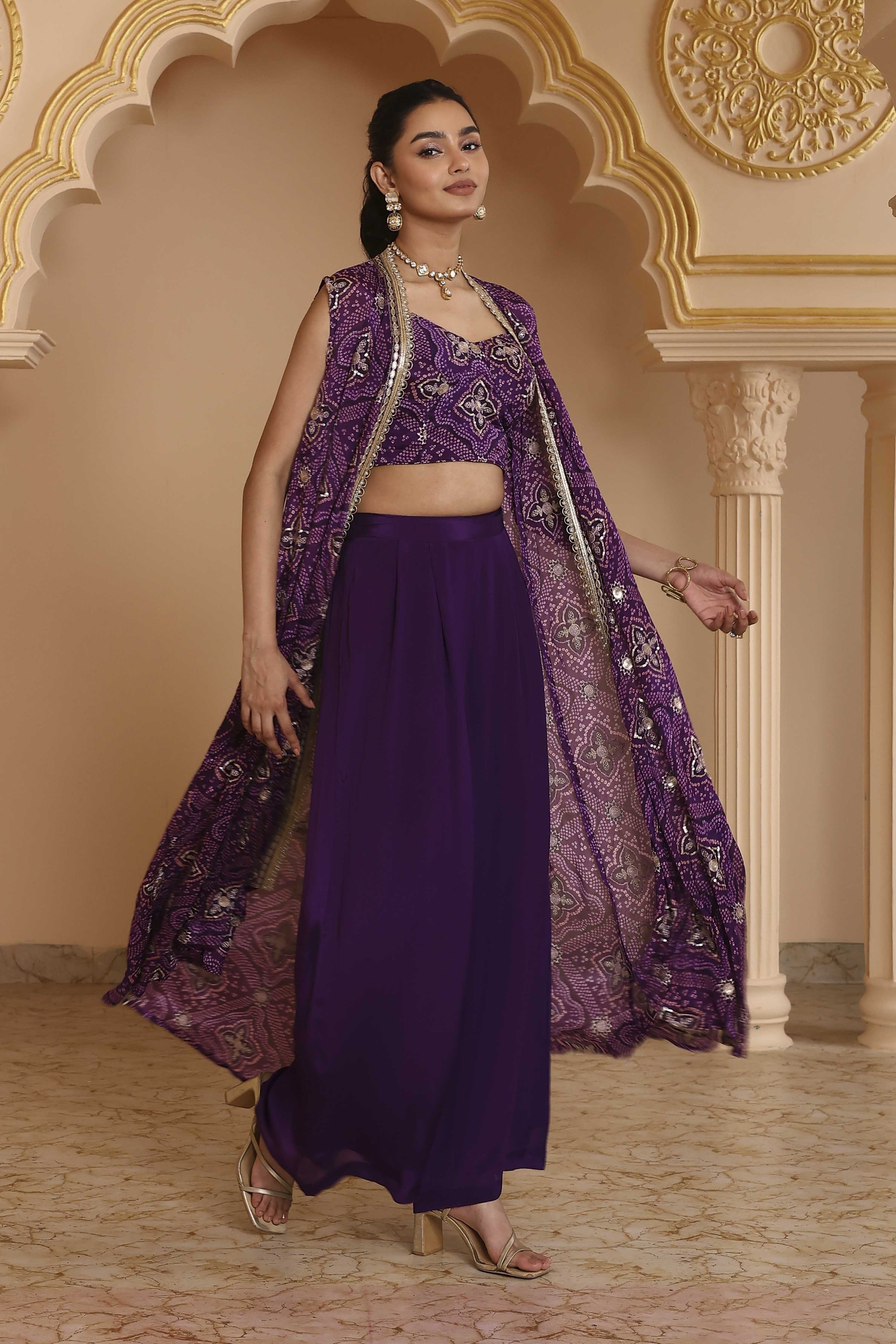 Purple Pure Chinnon Bandhani Printed Fusion Set image number 5