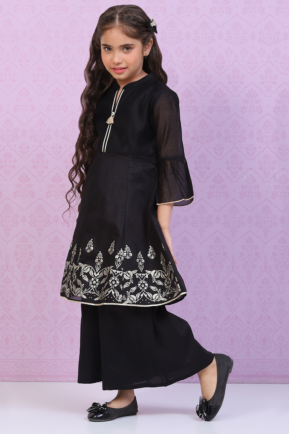 Black Art Silk Kalidar Printed Kurta Set image number 3