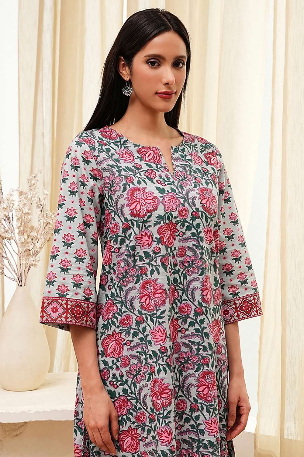 Blue and Pink Cotton Printed Straight Kurta Set image number 1