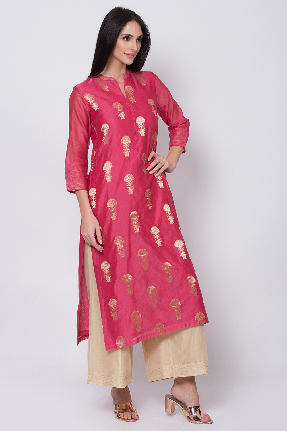 Magenta Poly Metallic Cotton Straight Yarndyed Kurta image number 3