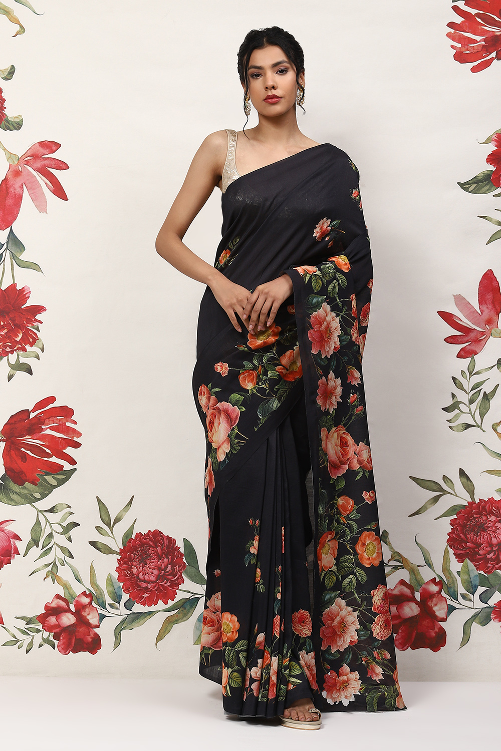 Rohit Bal Black Cotton Blend Saree image number 5