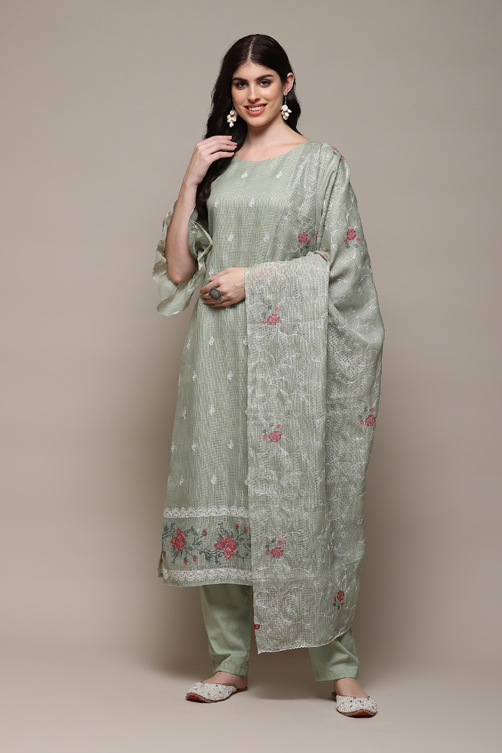 Green Cotton Blend Printed Unstitched Suit Set image number 8