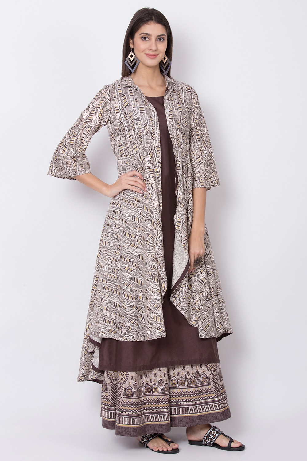 Sand Brown Cotton Flax Front Open Printed Kurta image number 2