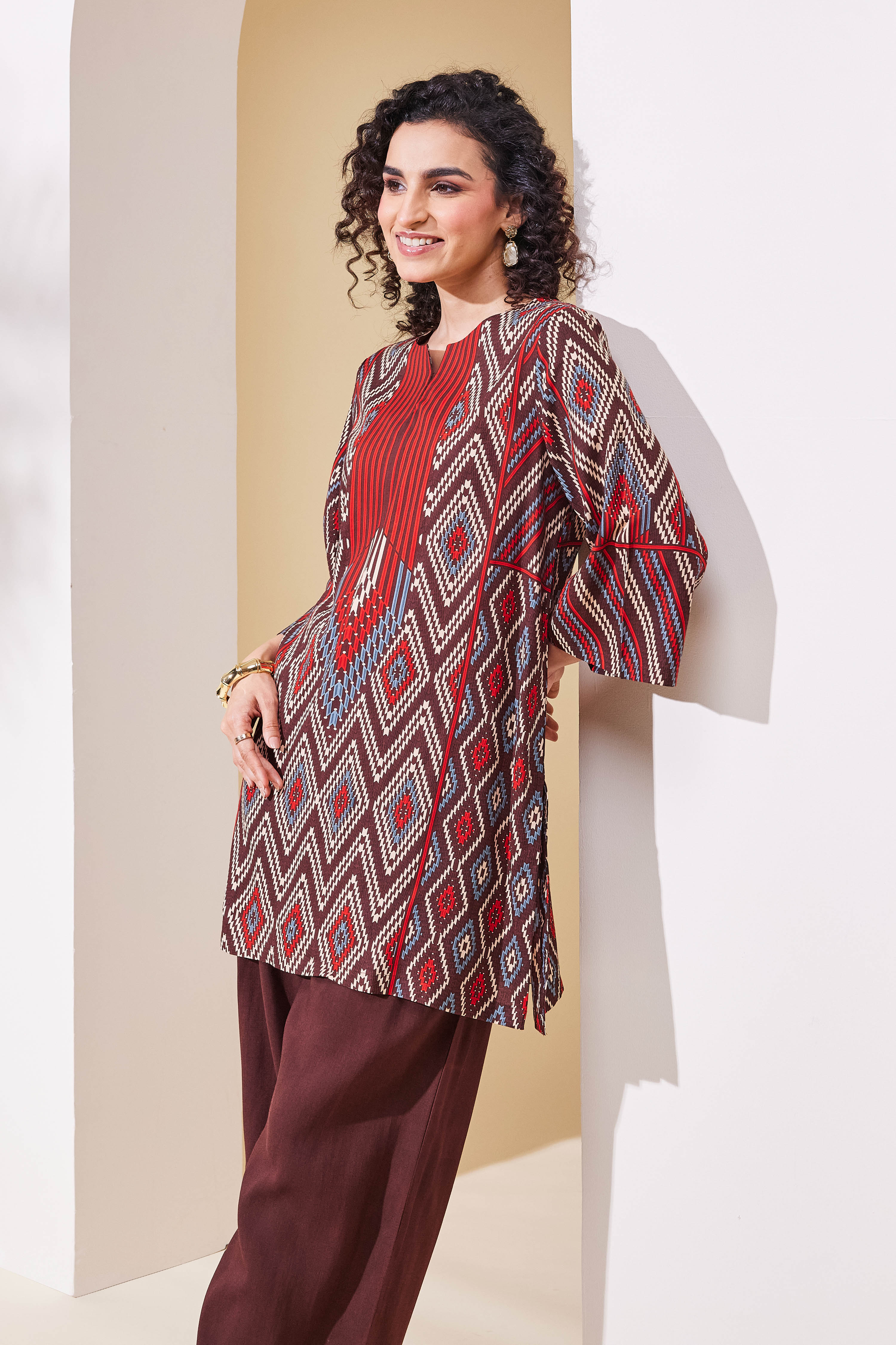 Brown Viscose Rayon Straight Kurta Pants Set image number 0