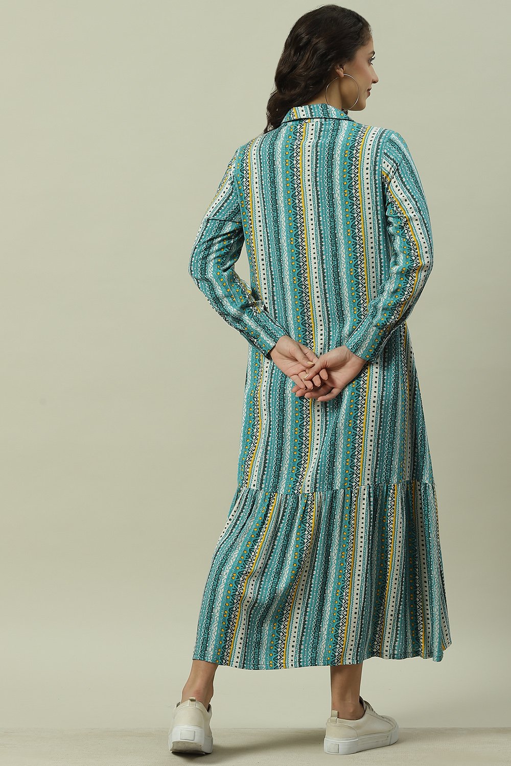 Blue Rayon Flared Printed Dress image number 4