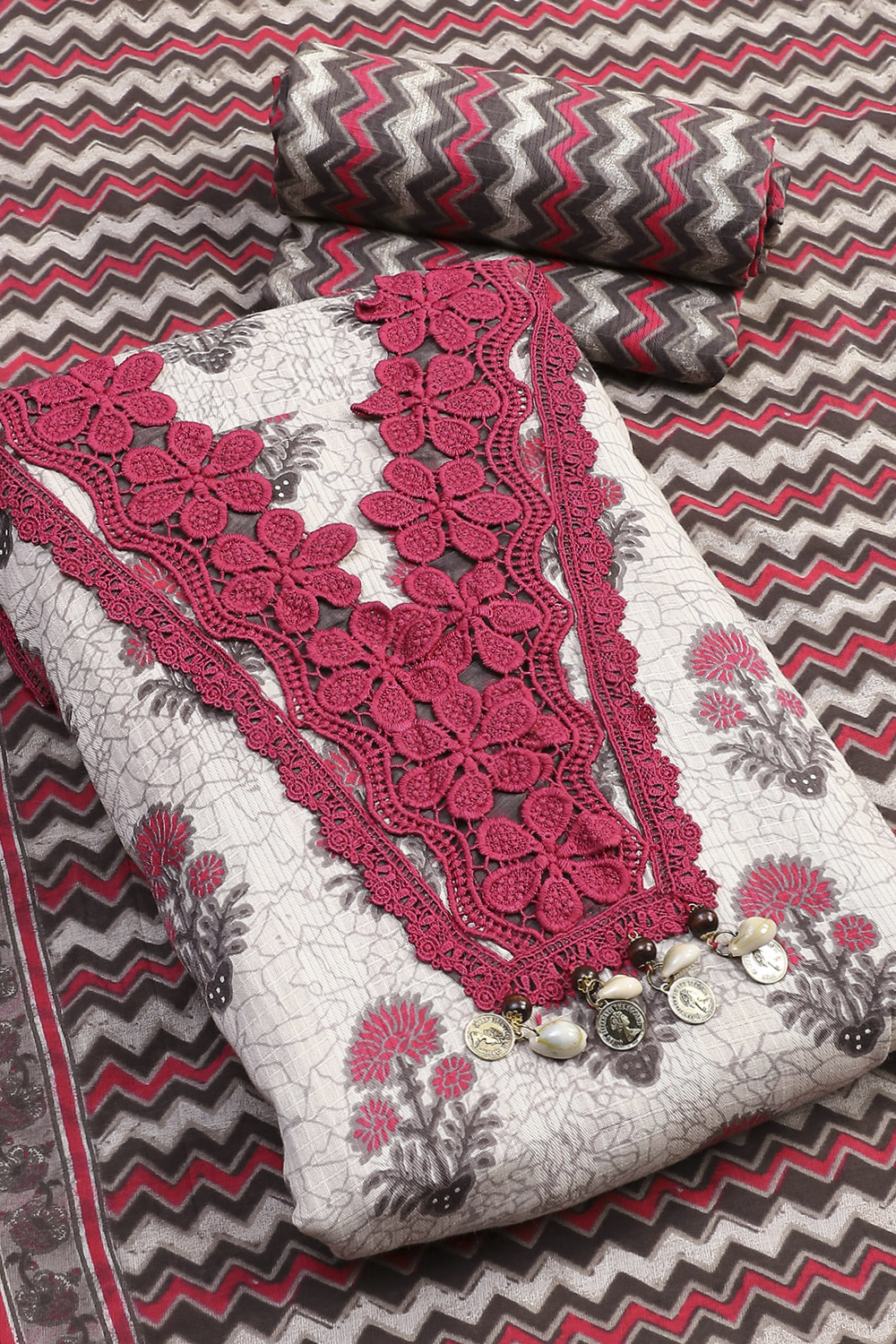 White-Pink Cotton Unstitched Suit Set image number 3