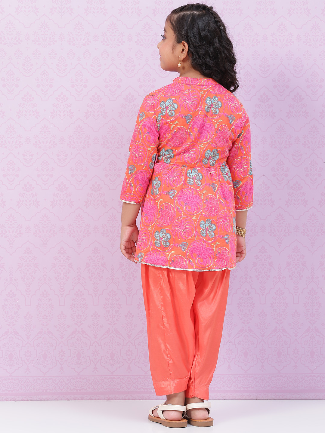 Orange Cotton Flared Printed Kurta Set image number 4