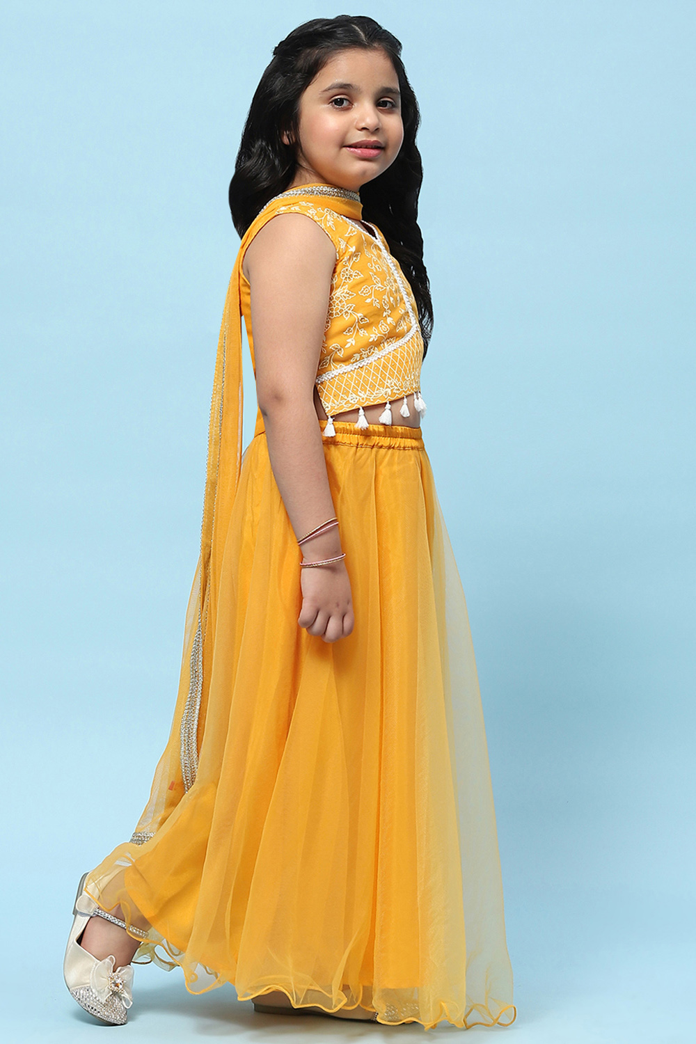 Yellow Poly Chanderi Printed Tasseled Lehenga Set image number 6