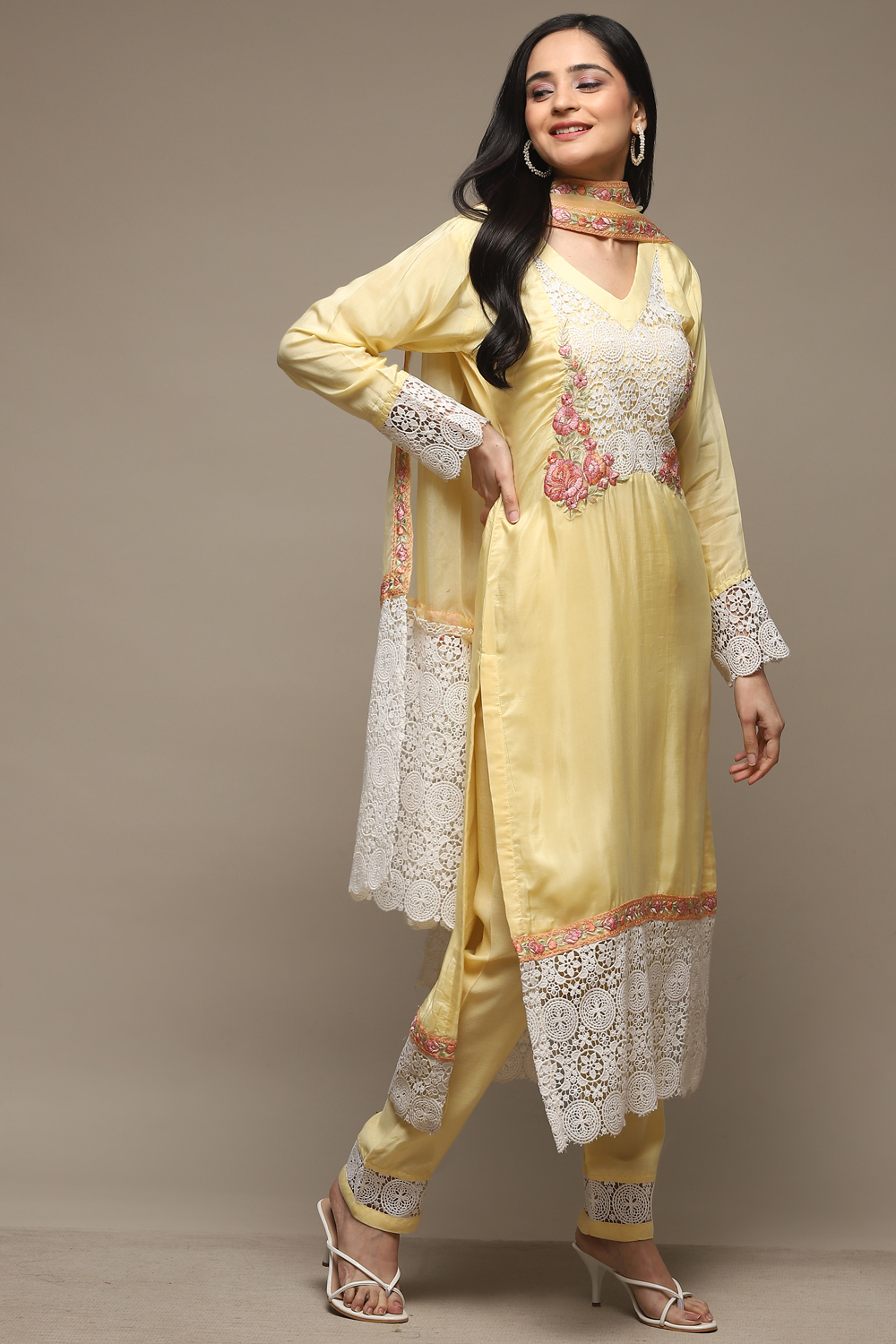 Pastel Yellow Muslin Lace Unstitched Suit Set image number 7