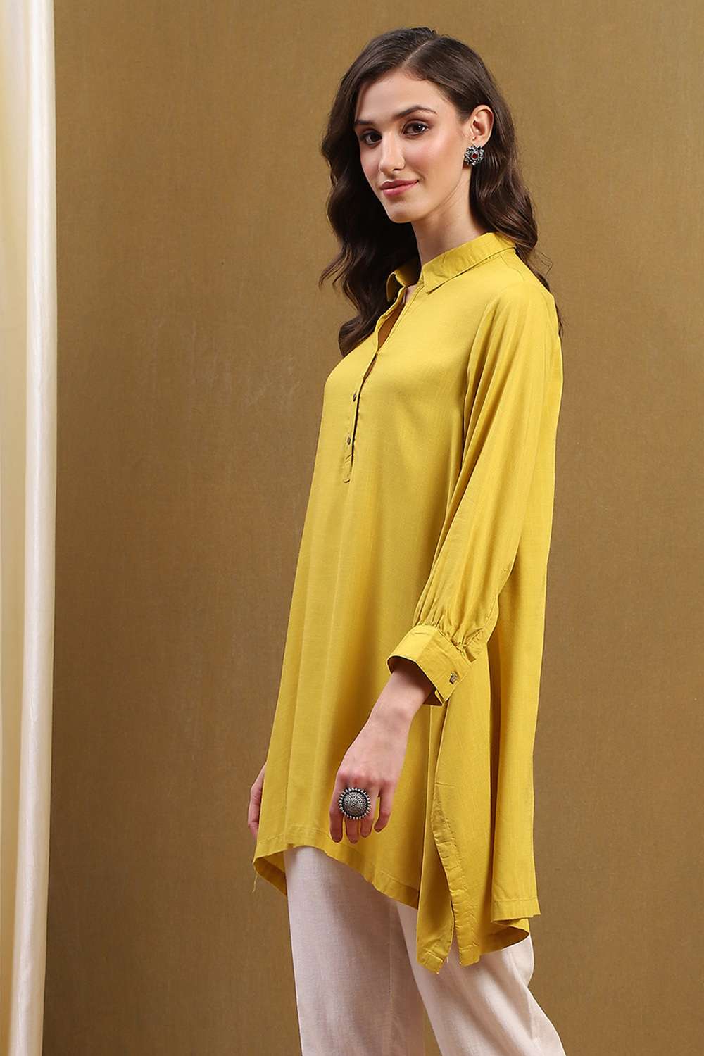Mustard Yellow Solid Asymmetric Short Kurta image number 2