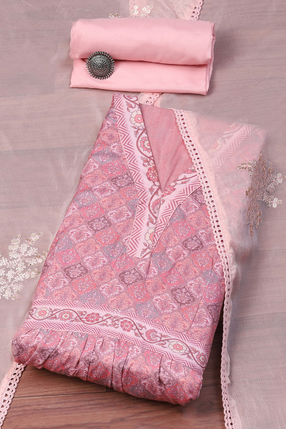 Peach Cotton Digital Print Unstitched Suit Set image number 0