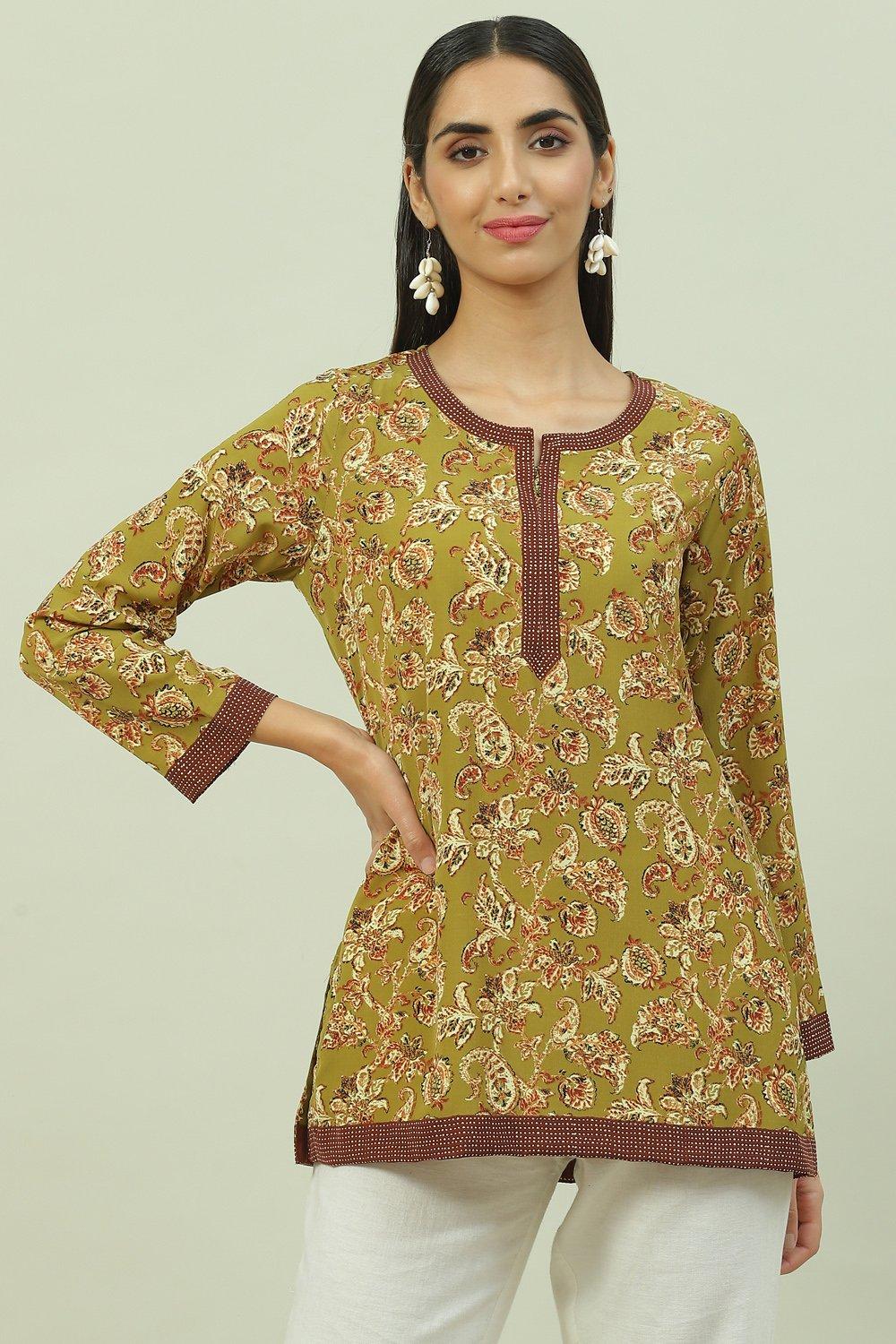 Grey Art Silk Straight Printed Kurti image number 0