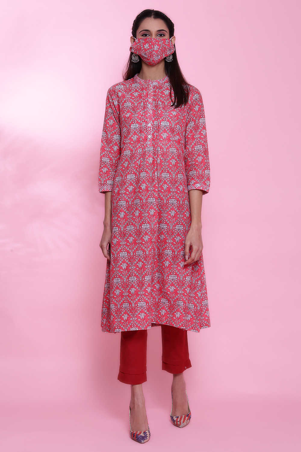 Pink Cotton A-Line Printed Kurta image number 6