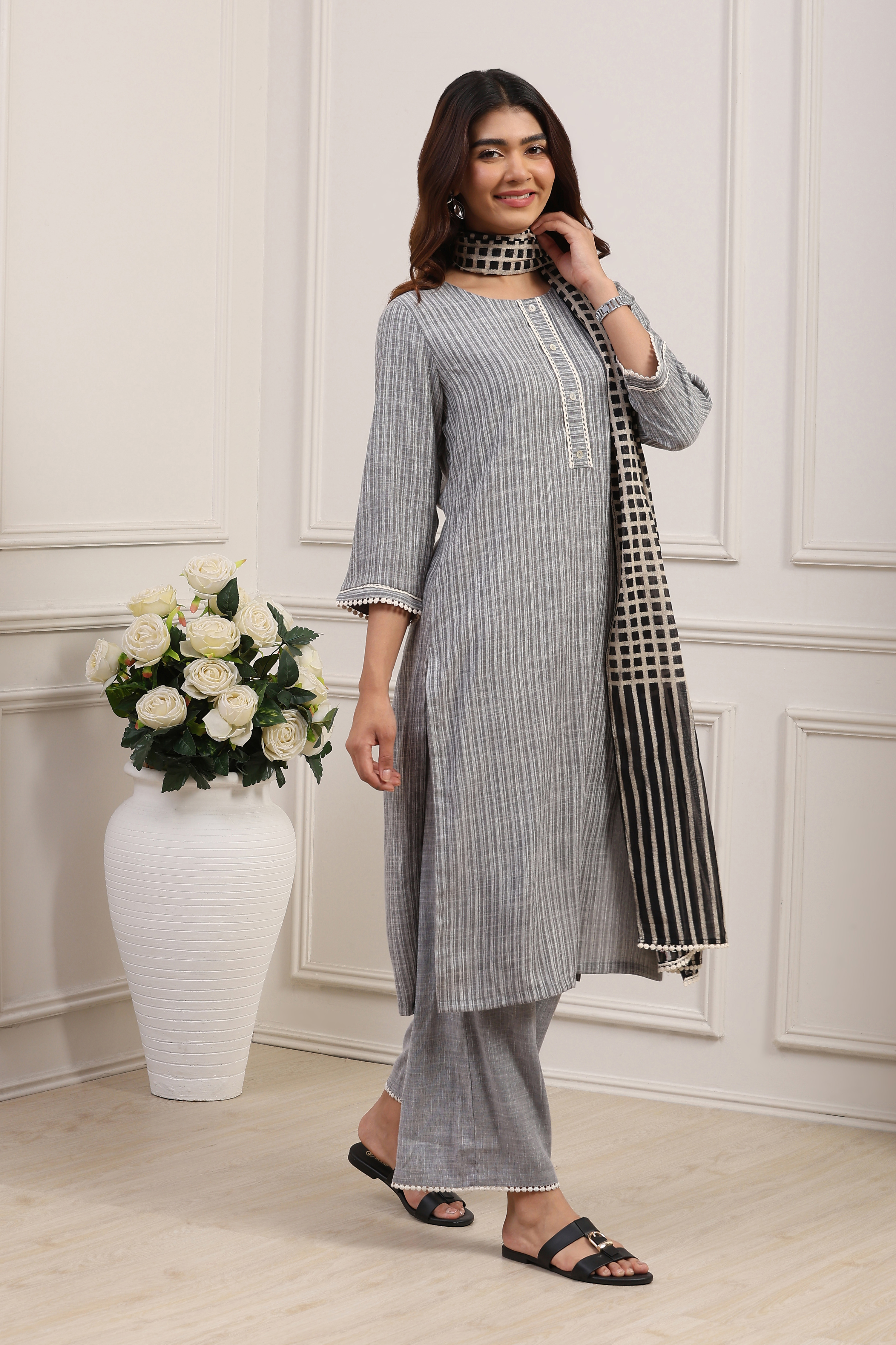 Grey Polyester Striped Straight Kurta Set image number 5