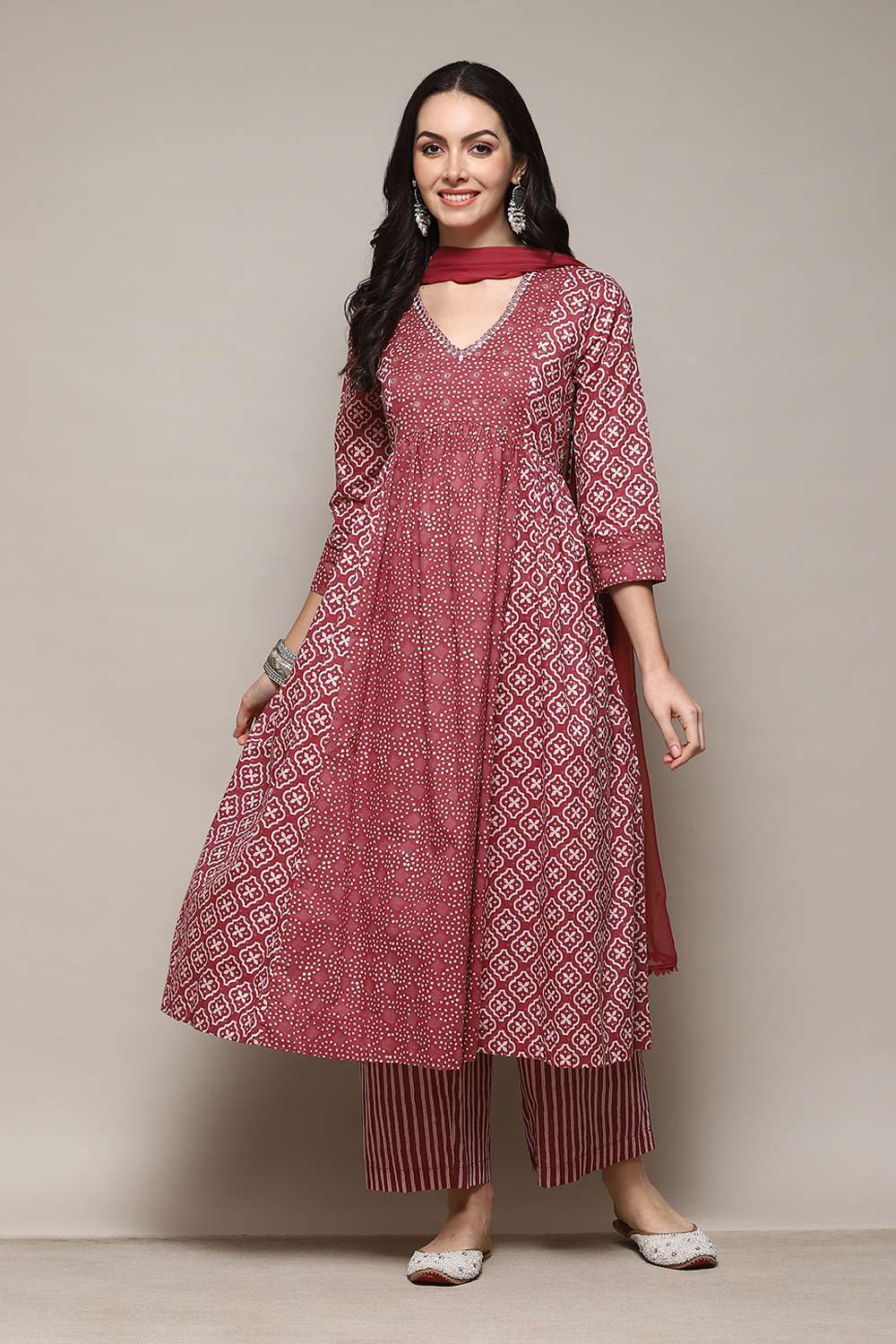 Onion Pink Cotton Gathered Kurta Palazzo Suit Set image number 0