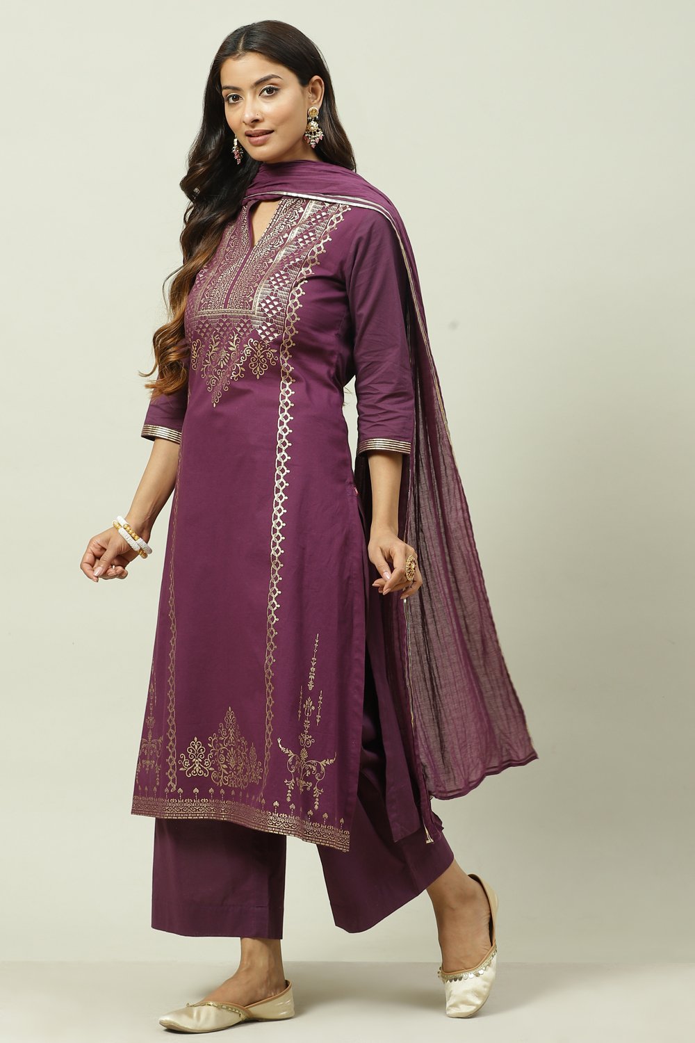 Mustard Printed Cotton Straight Kurta Palazzo Suit Set image number 5