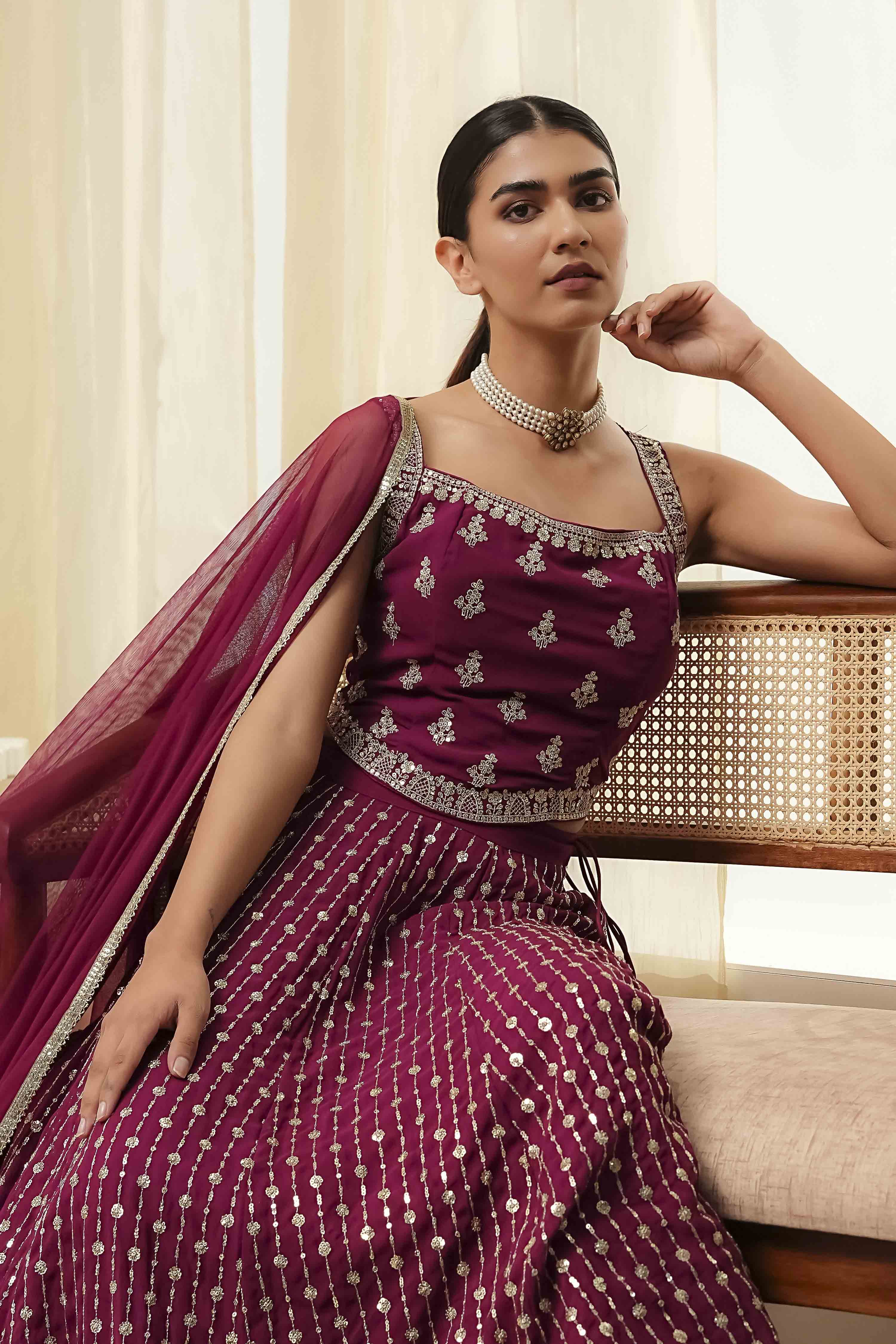 Burgundy Georgette Lehenga Set  image number 7