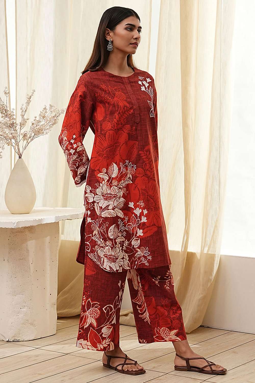 Rust Cotton Floral Straight Kurta Set image number 5