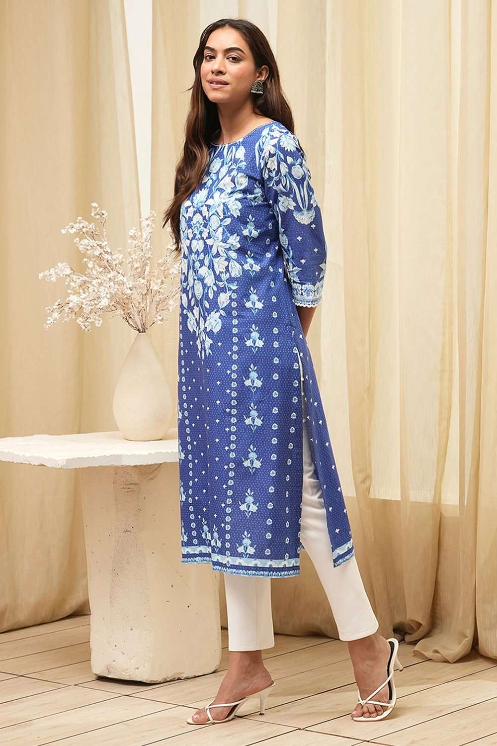 Indigo Cotton Straight Kurta image number 2