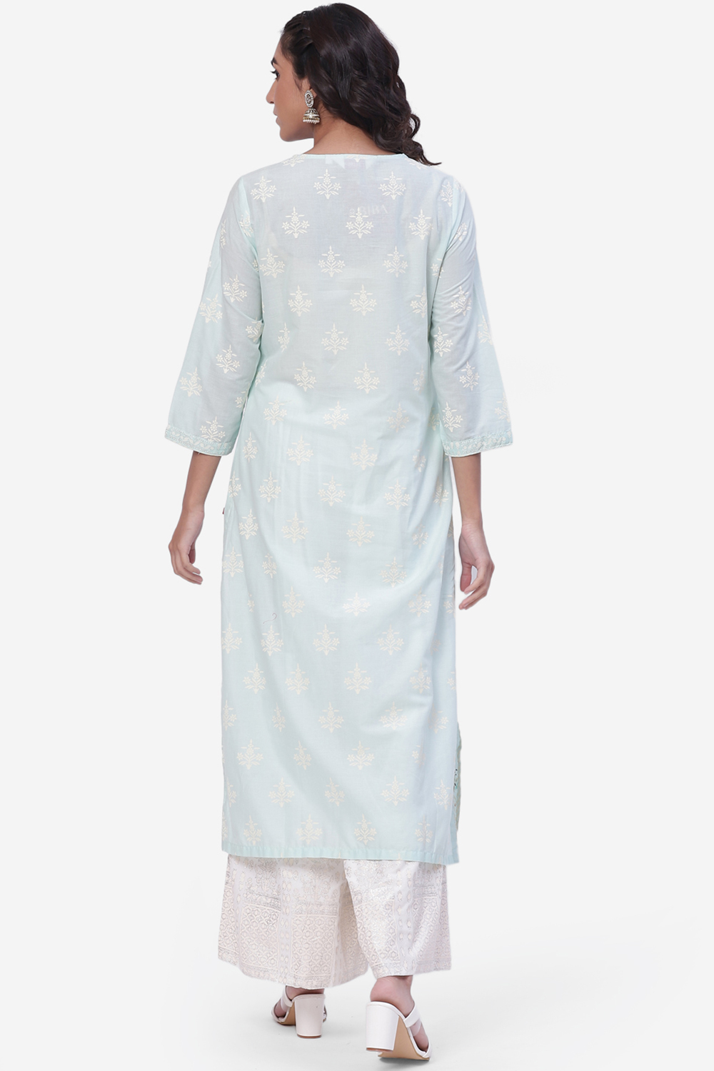 Aqua Blue Cotton Straight Suit Set image number 4