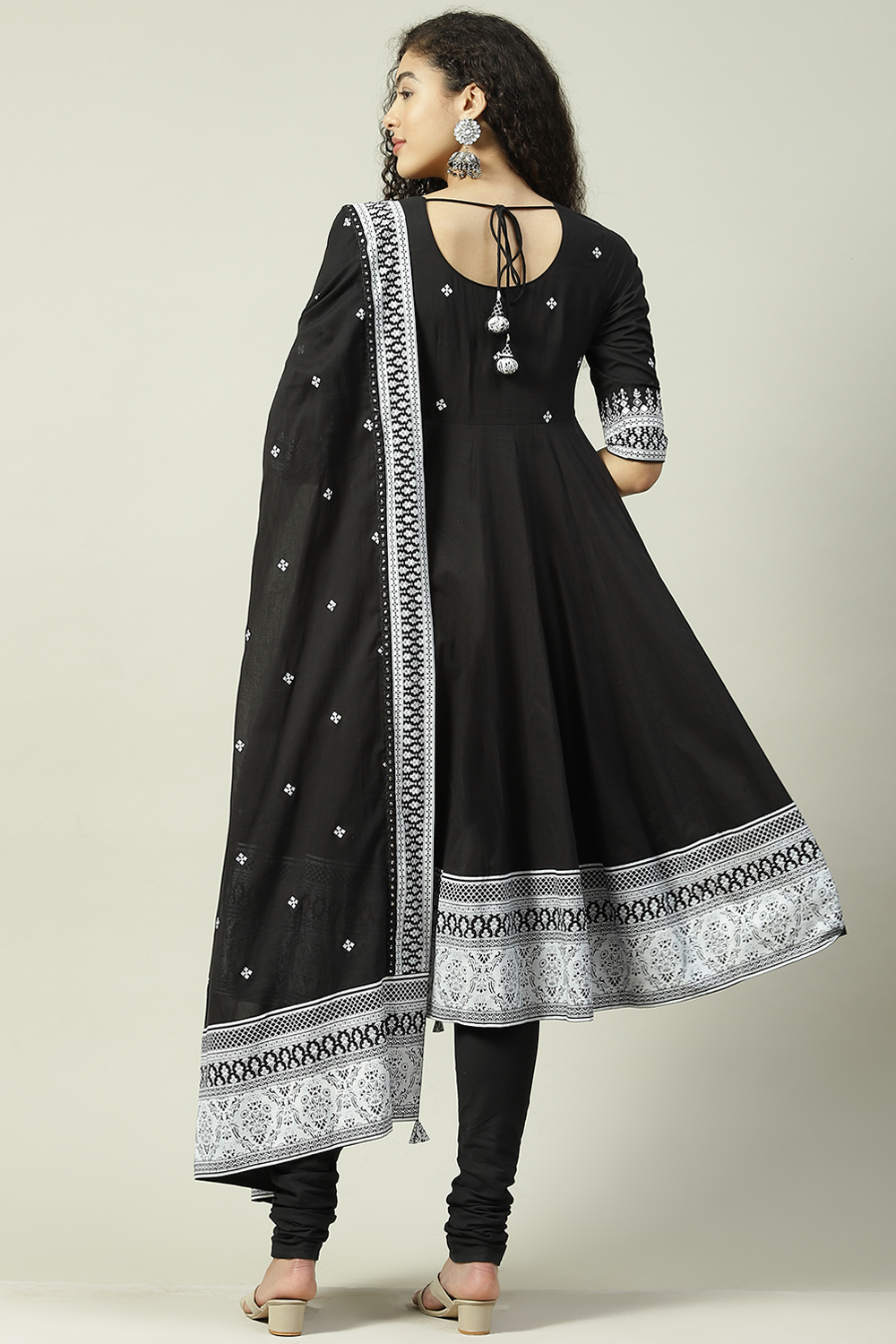 Black Cotton Anarkali Kurta Churidar Suit Set image number 4