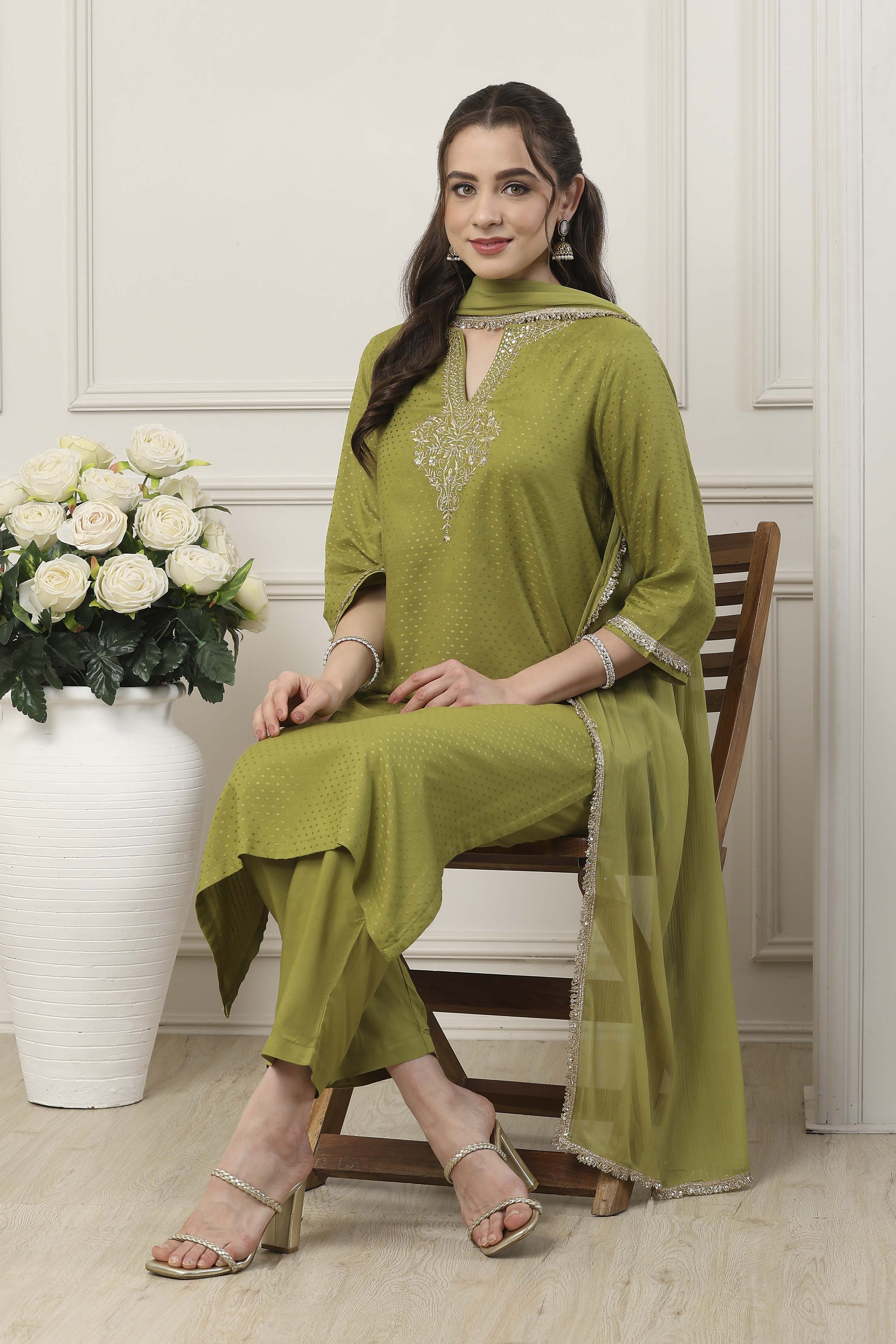 Green Viscose Yoke Embroidered Straight Suit Set image number 0