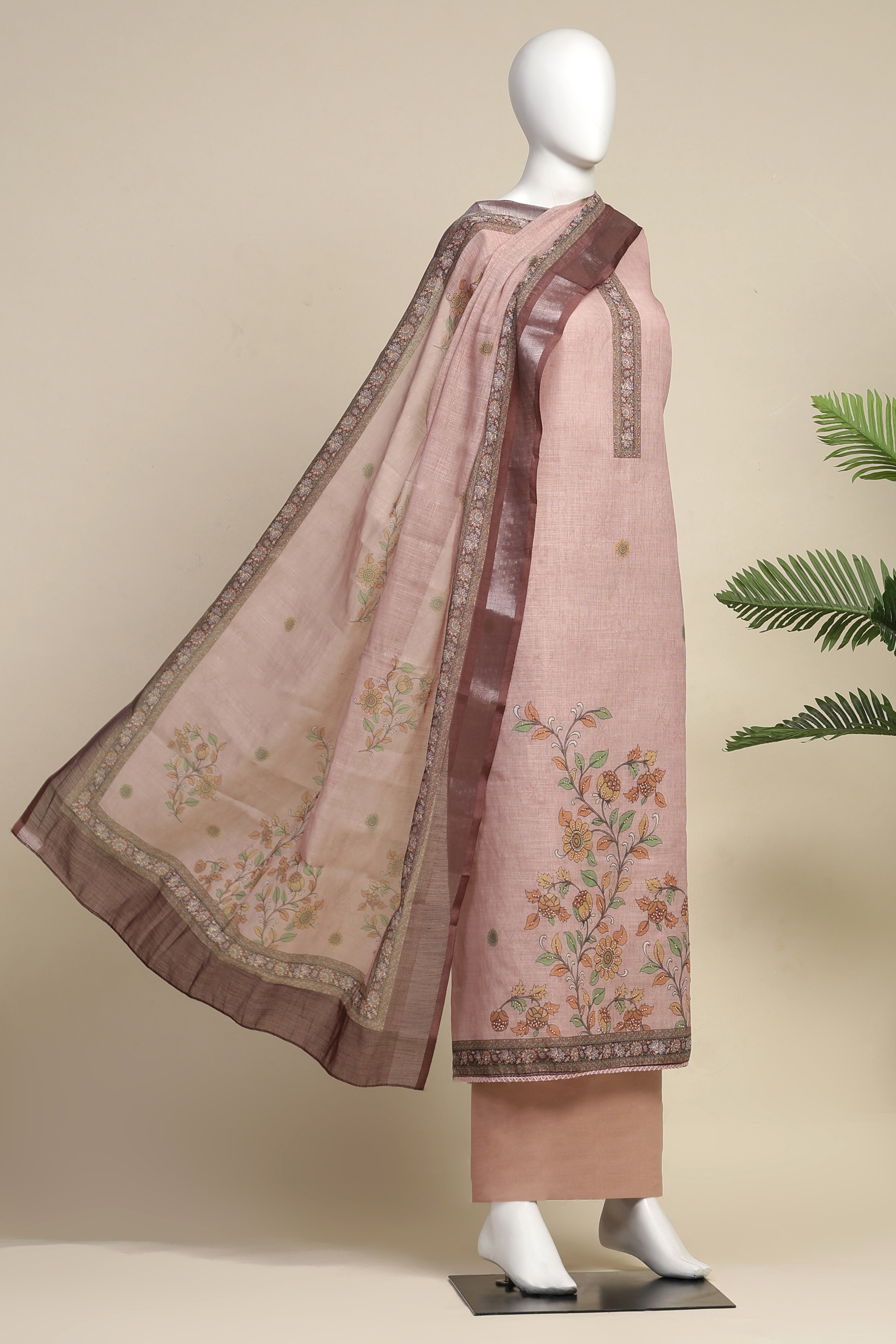 Peach Chanderi  Neck Patti Unstitched Suit Set image number 4