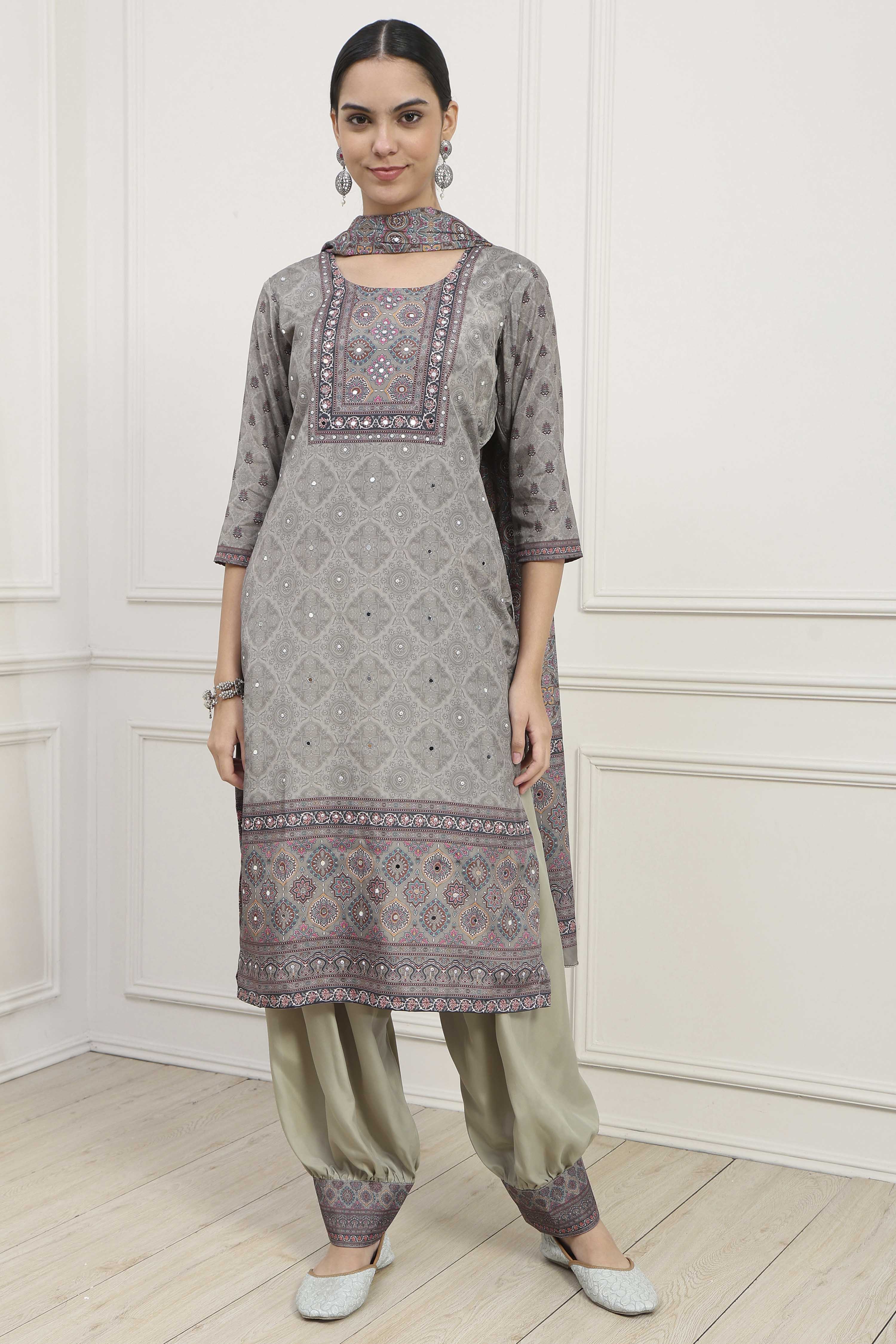 Grey Poly Crepe Digital Print Unstitched Suit Set image number 1