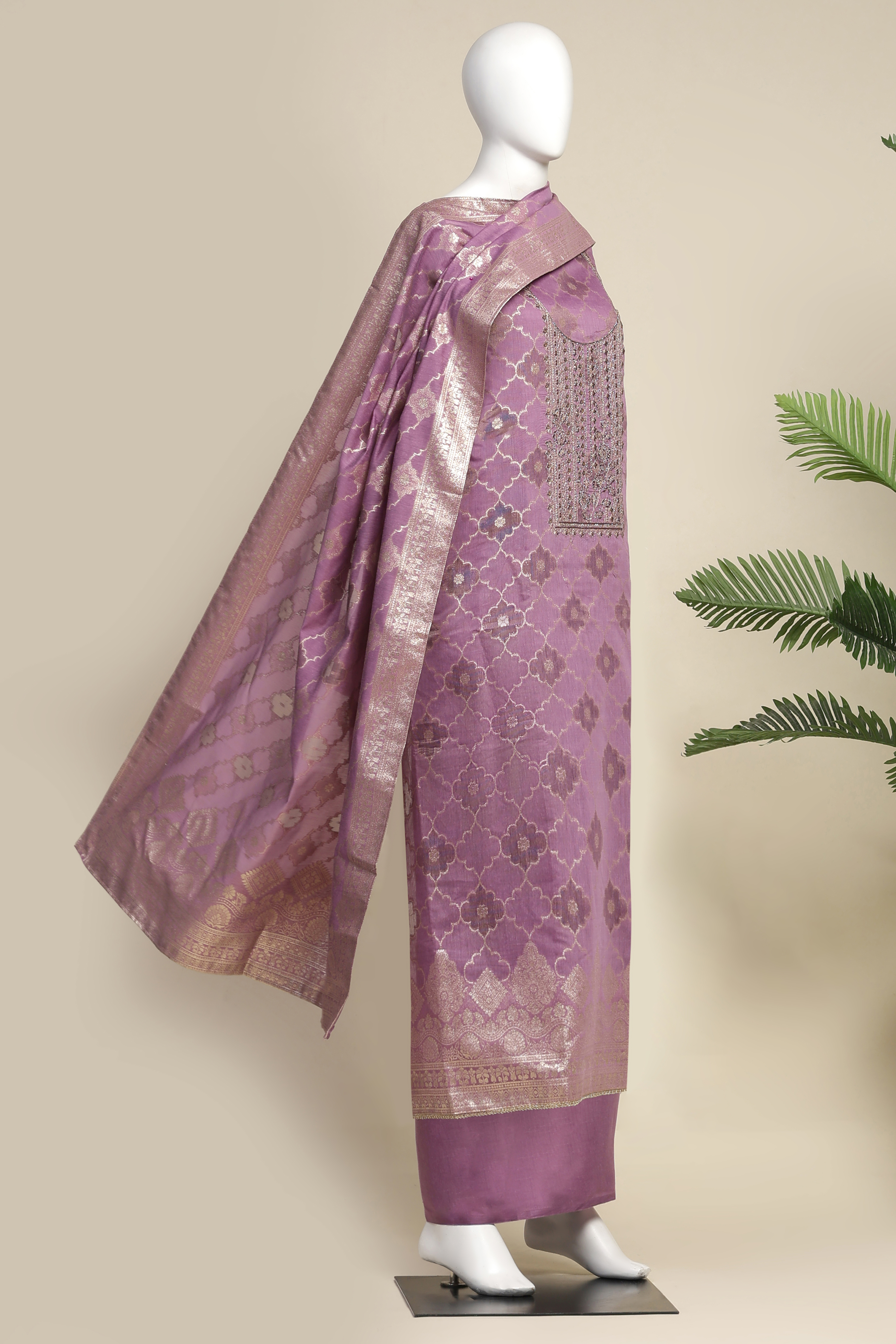 Lavender Tissue Chanderi Embroidered Unstitched Suit Set image number 4