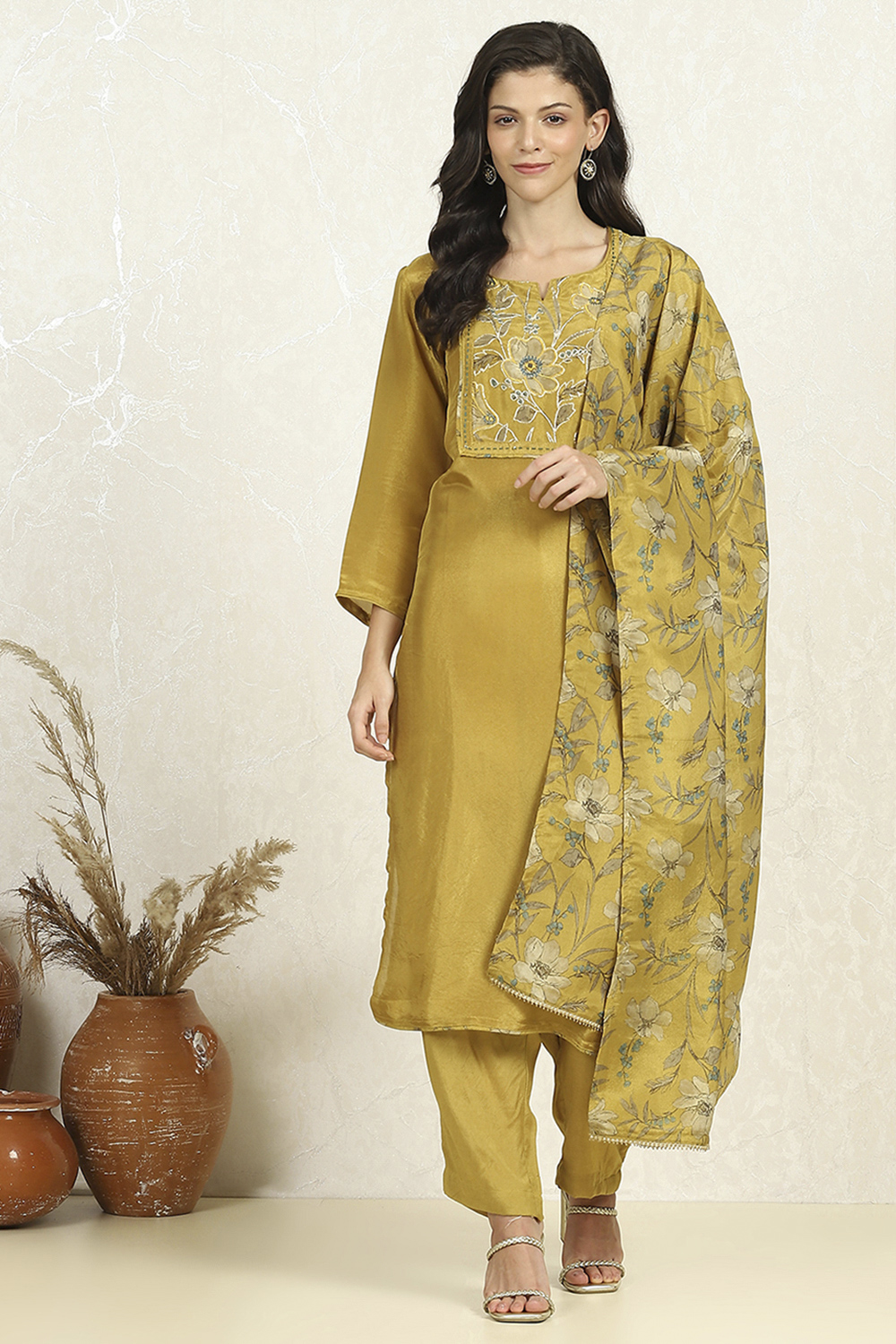 Lime Green Cotton Unstitched Suit Set image number 7