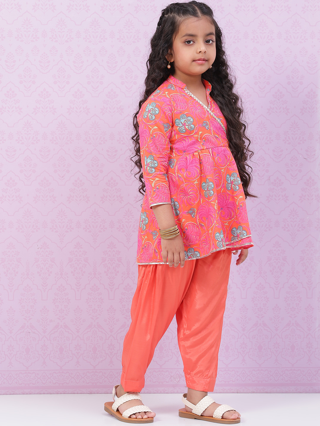 Orange Cotton Flared Printed Kurta Set image number 5