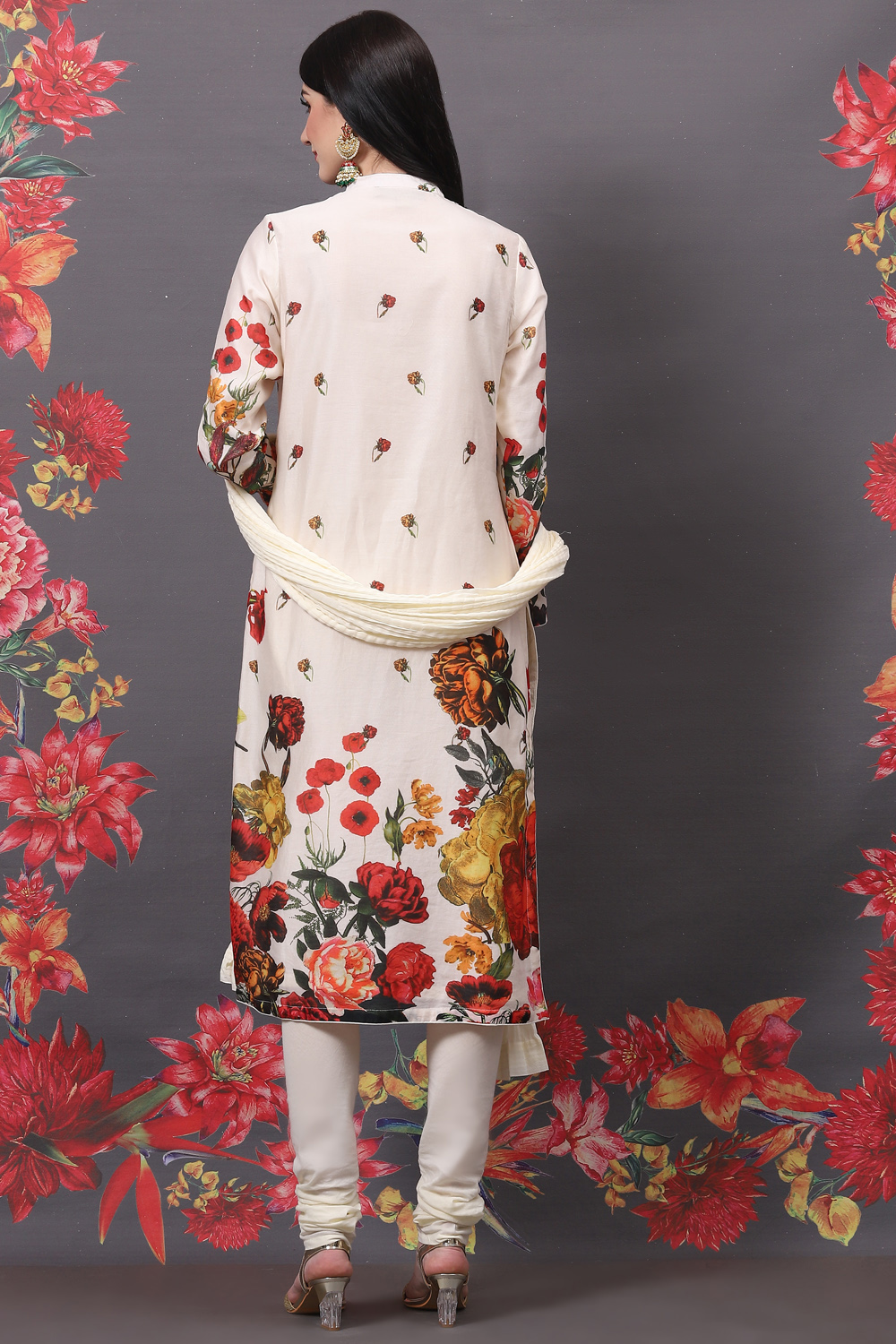 Off White Cotton Silk Straight Printed Suit Set image number 5