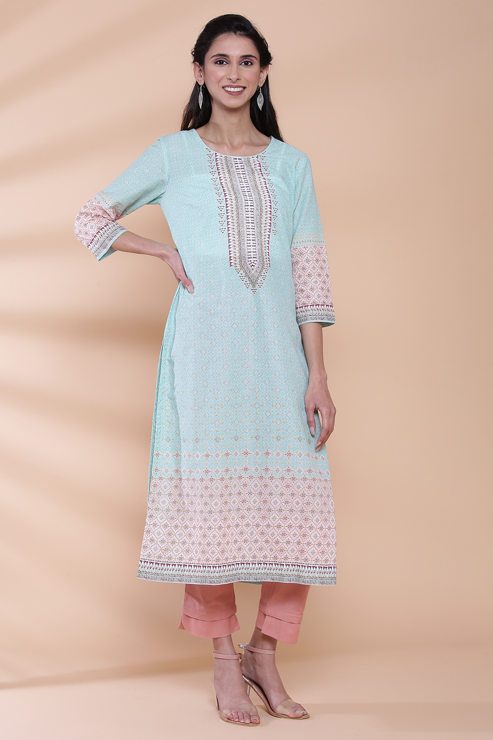 Mint Cotton Straight Printed Kurta image number 3