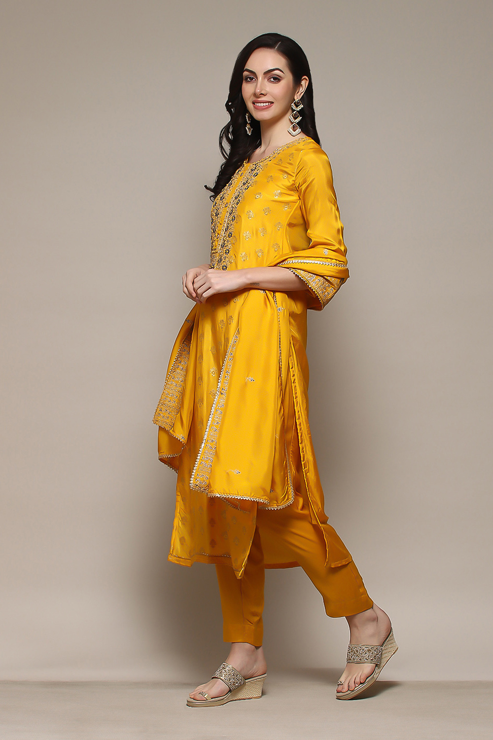 Yellow Banarasi Silk Machine Embroidered Unstitched Suit Set image number 6
