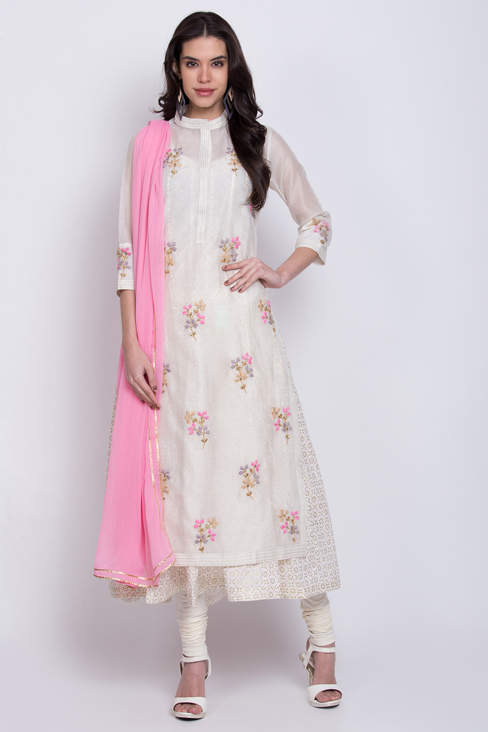 Off White Poly Cotton Flared Kurta Churidar Suit Set image number 0